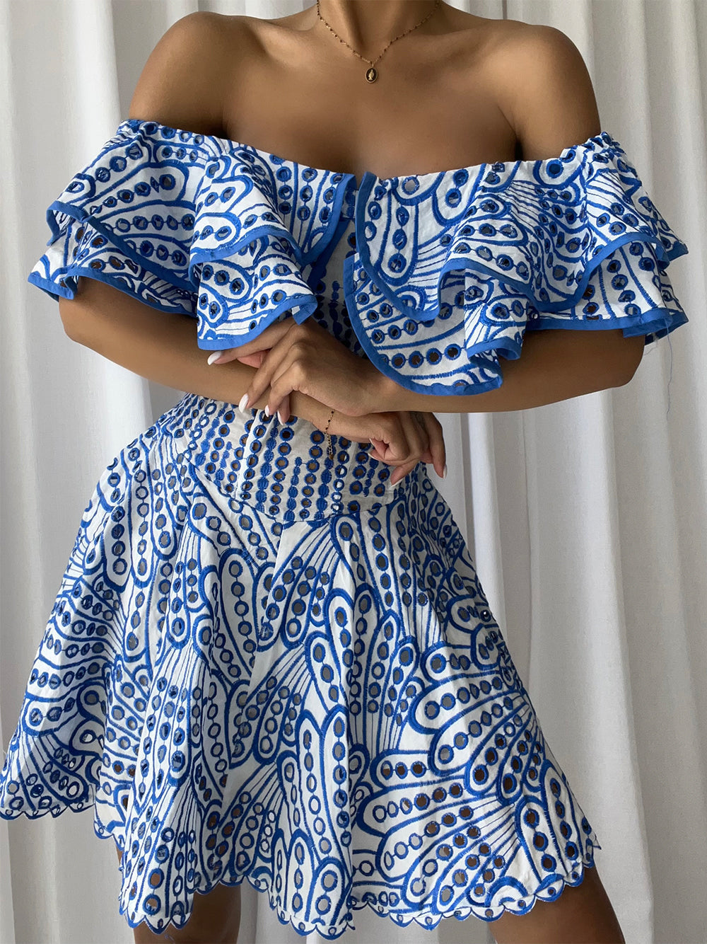 Off-Shoulder Ruffle Eyelet Embroidered Scallop Hem Flared Mini Dress 5