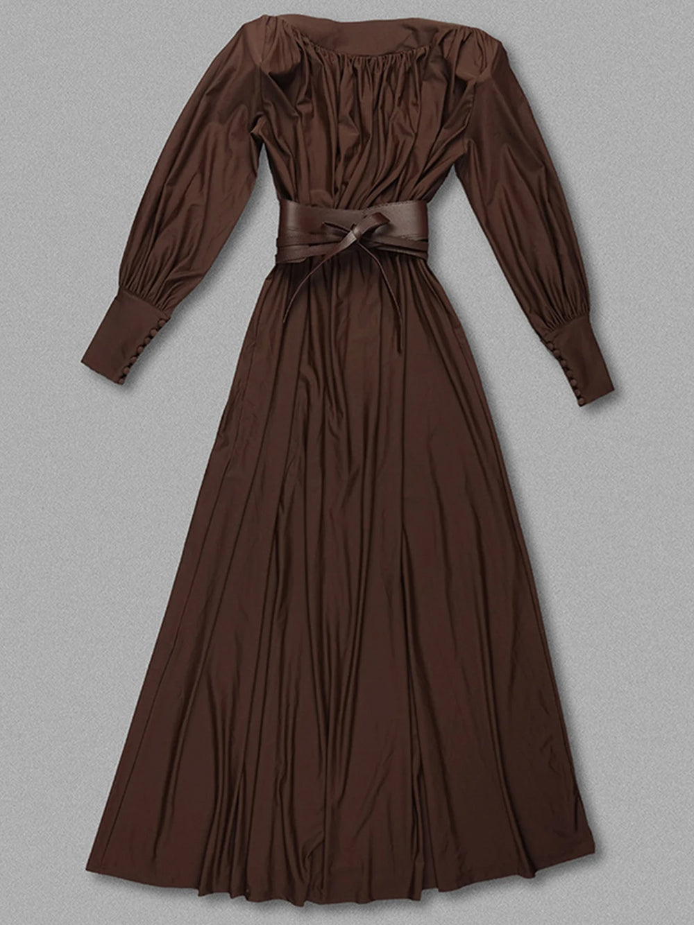 Brown Plunge V-Neck Ruched Crossover Waist Long Sleeve A-Line Maxi Dress
