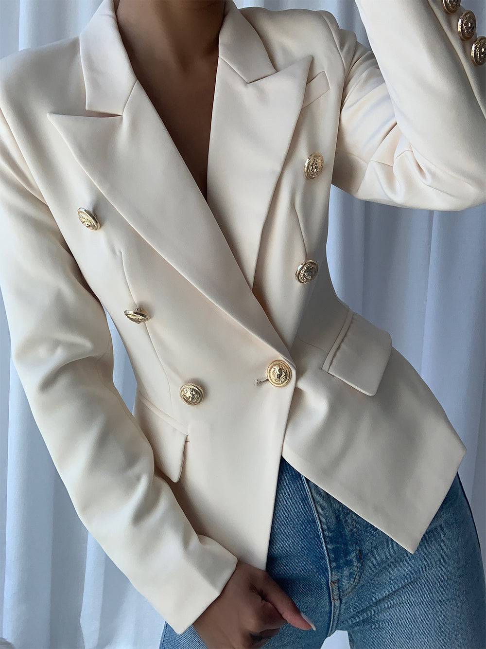 White Peaked Lapel Gold Button Double Breasted Blazer 3