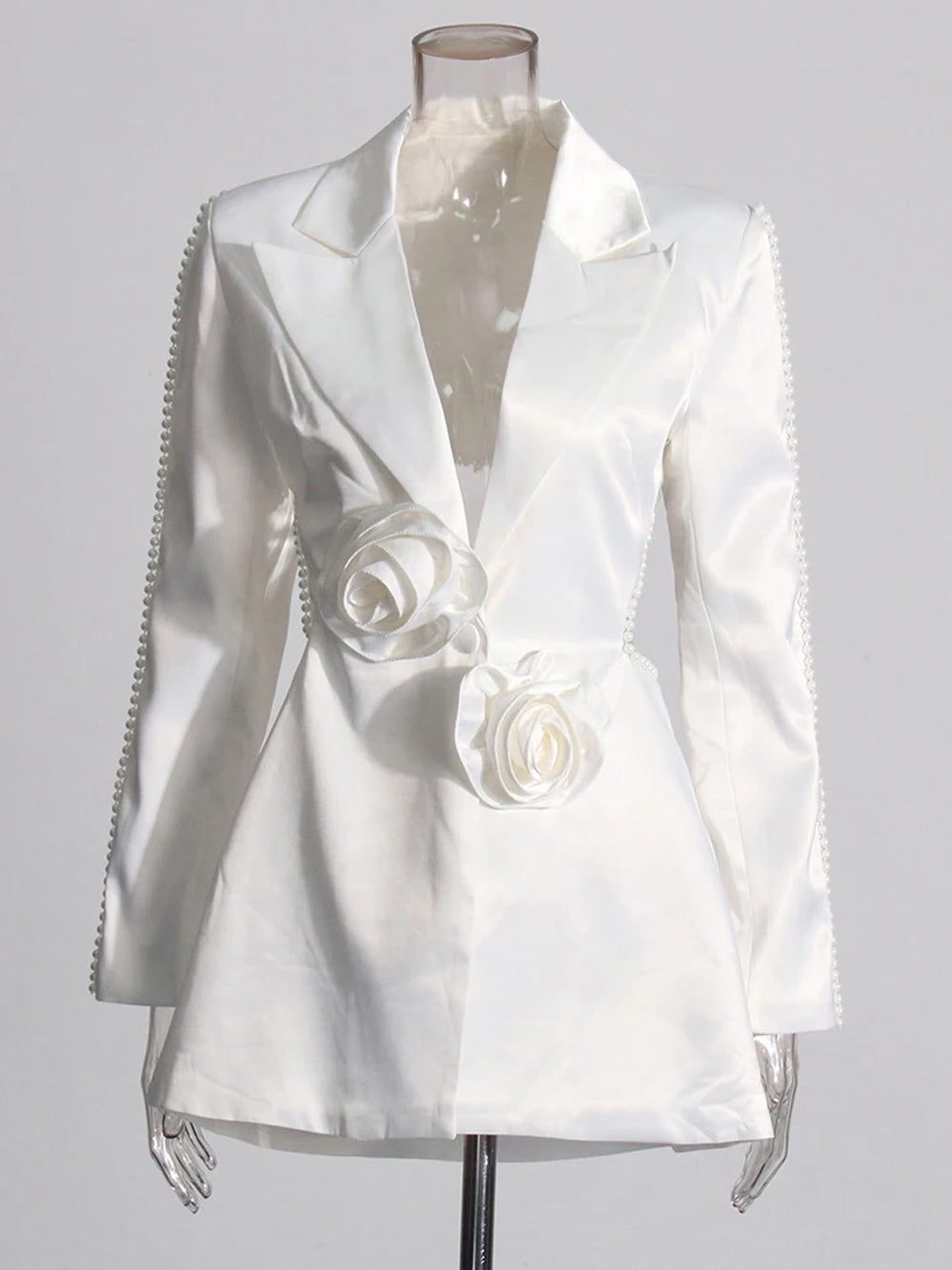 White Rosette Applique Satin Blazer and Pearl Beaded Pants Set