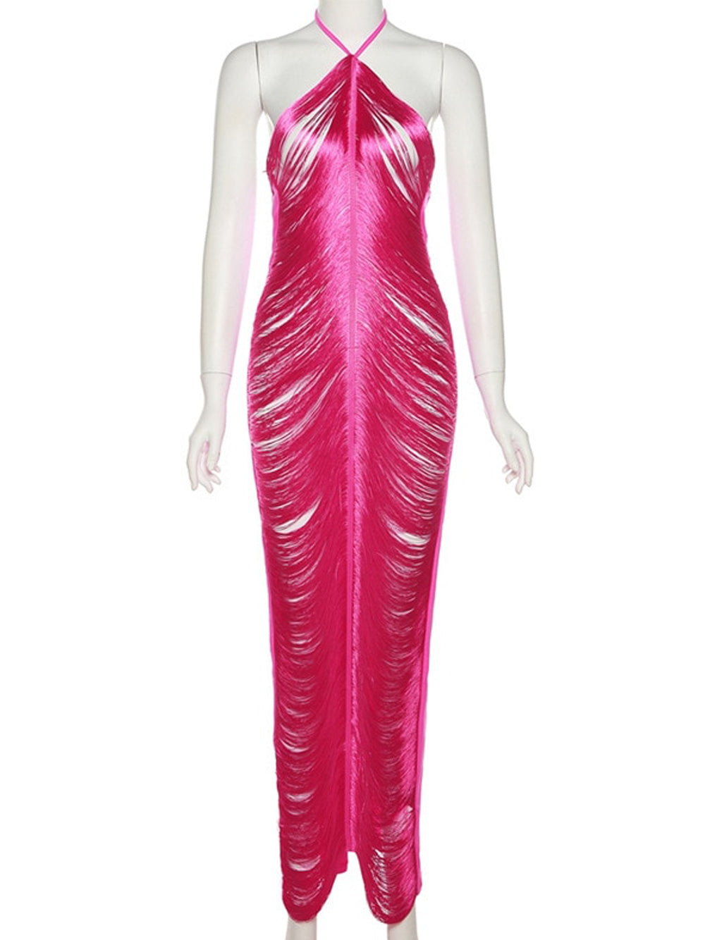 Halter Neck Distressed Fringe Tassel Bodycon Maxi Dress
