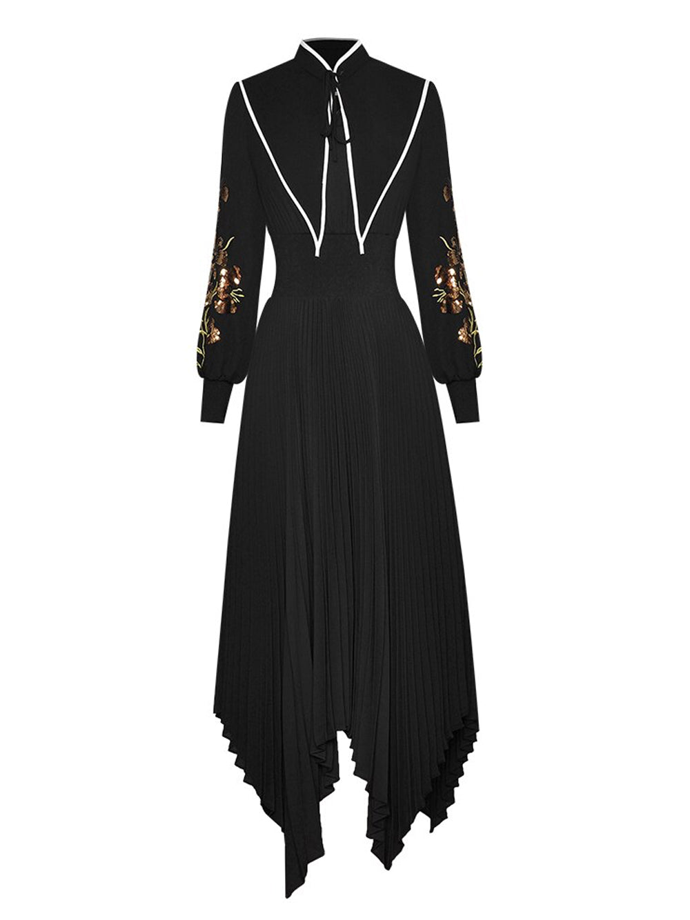 Black Tie Neck Floral Embroidered Sleeve Pleated Handkerchief Hem Maxi Dress