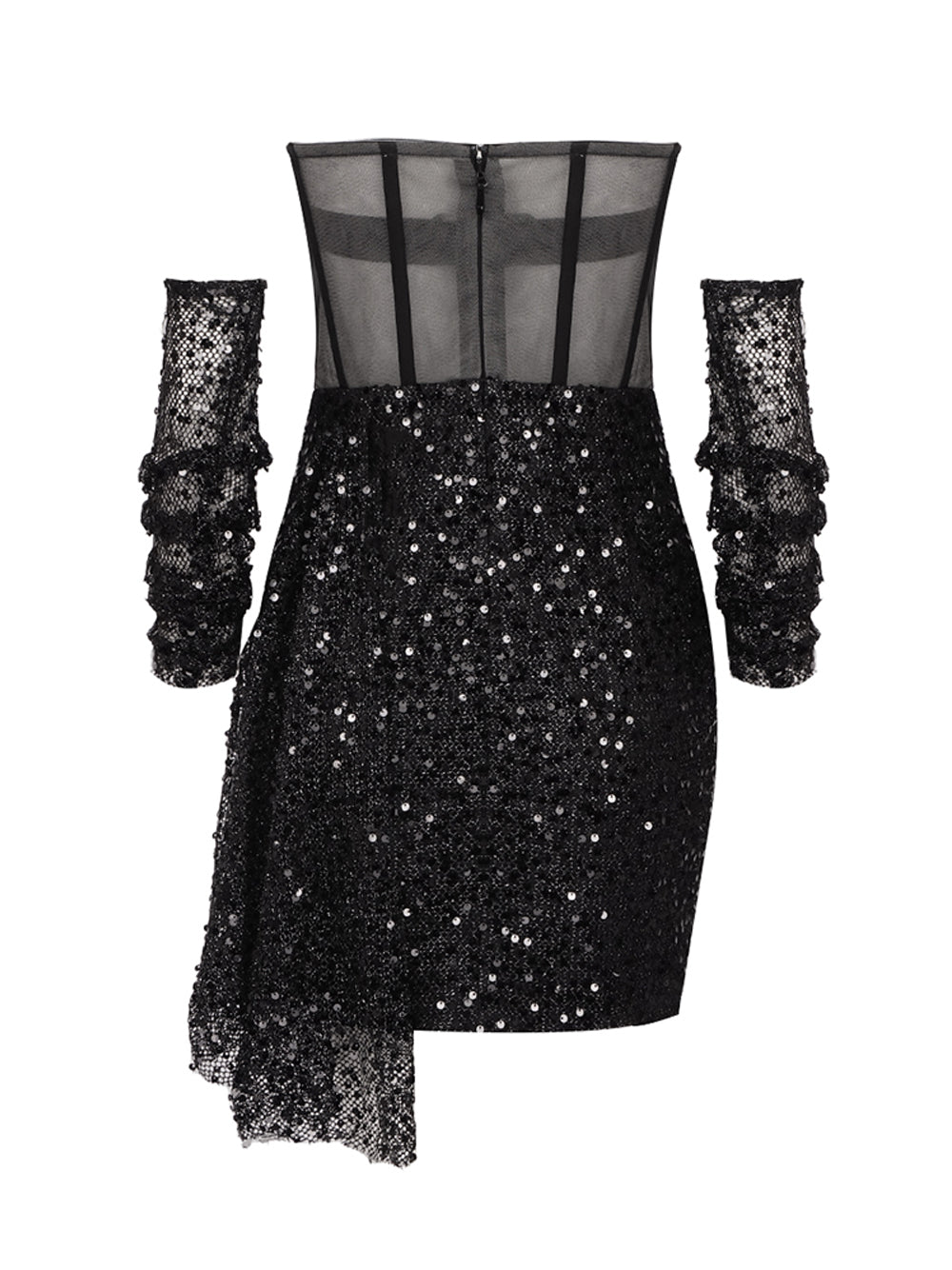 Black Strapless Sequin Mesh Corset Ruched Bodycon Mini Dress