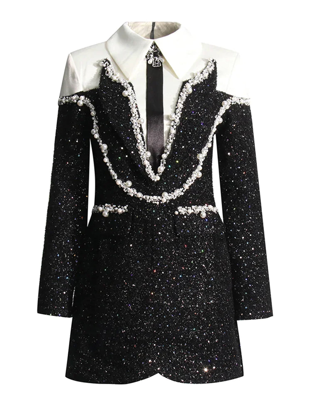 Black Collared Long Sleeve Pearl Trim Sequin Blazer Mini Dress