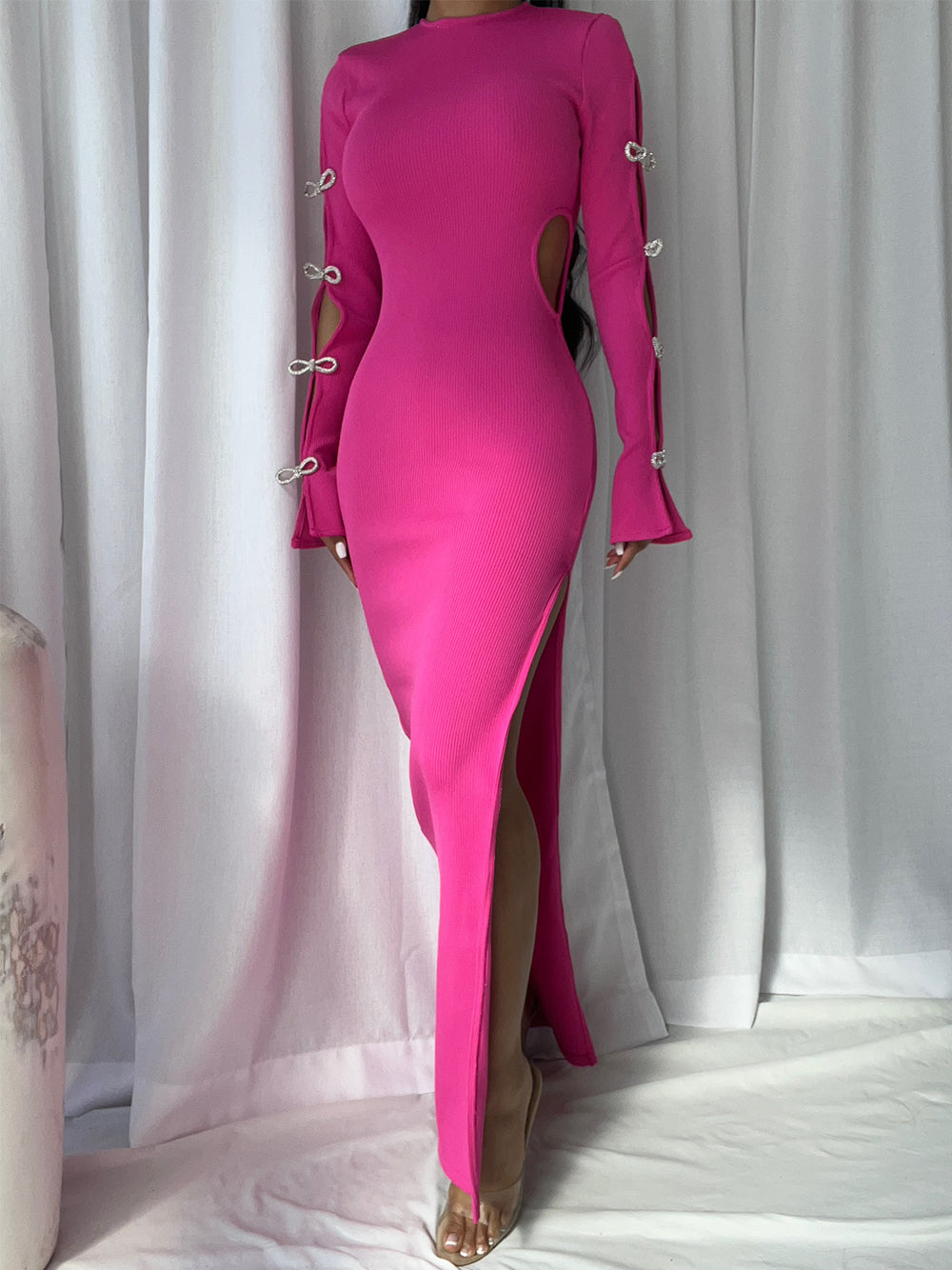 Fuchsia Round Neck Rhinestone Bow Cutout Ribbed High Slit Maxi Dress 5
