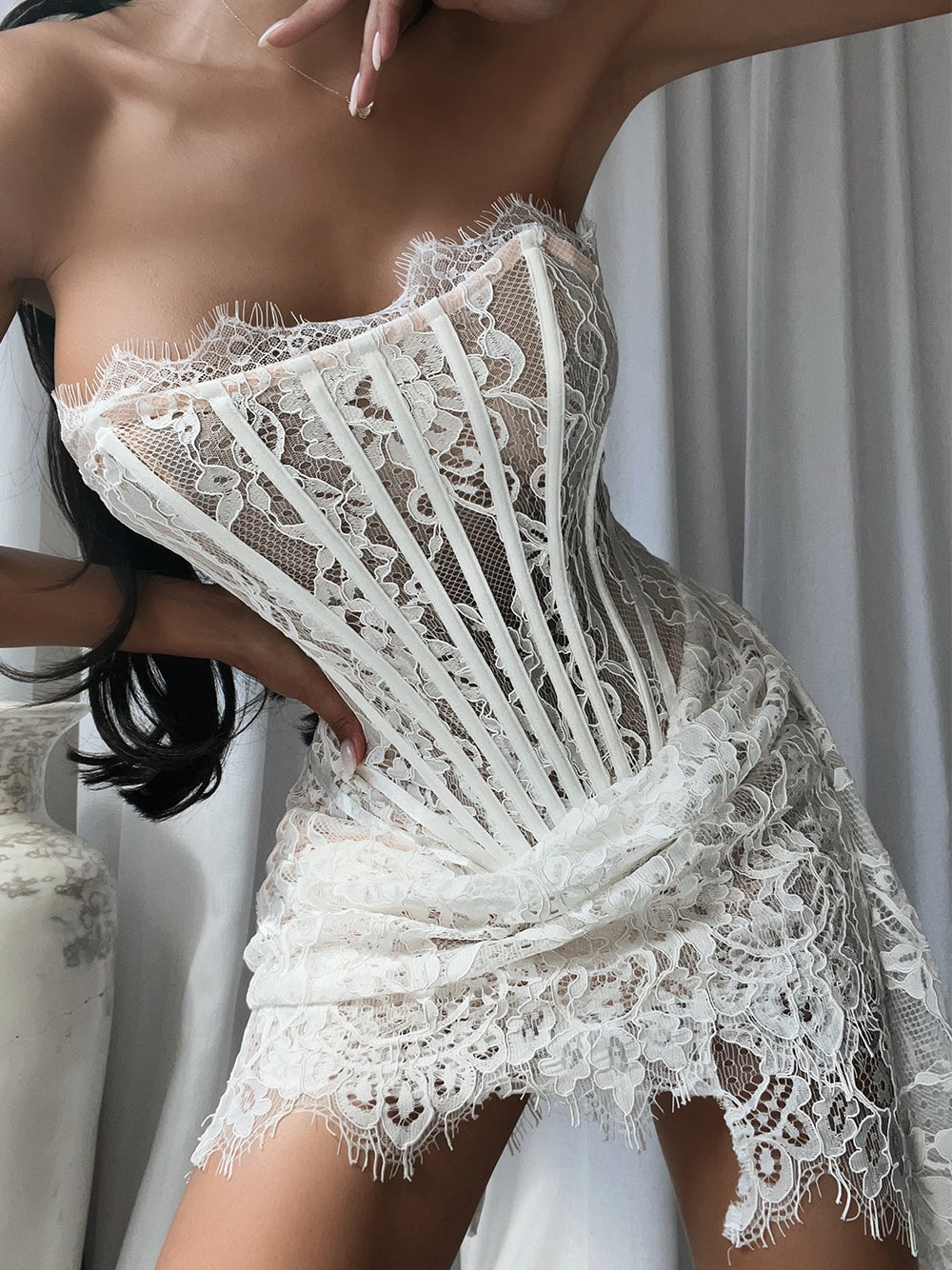 White Strapless Eyelash Lace Corset Ruched Bodycon Mini Dress