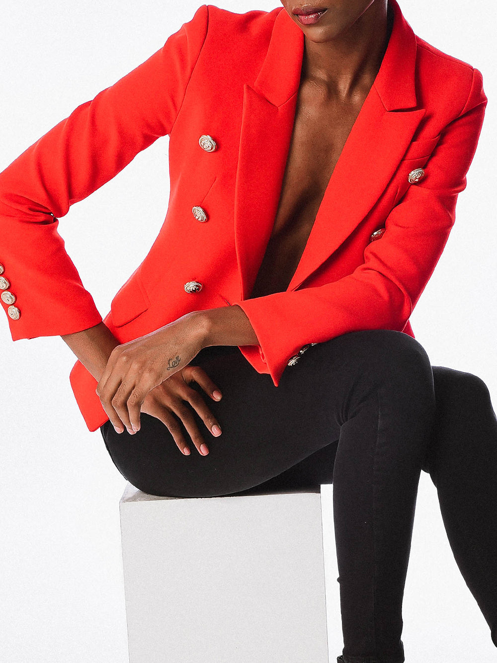 Red Peaked Lapel Gold Button Double-Breasted Blazer 7