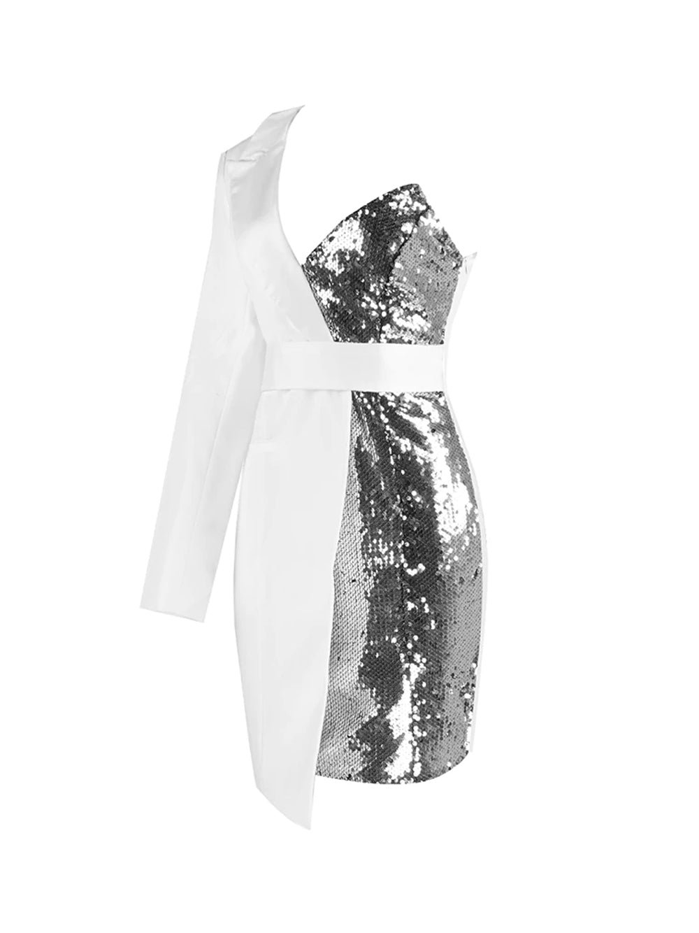 White One-Shoulder Sequin Panel Asymmetric Blazer Bodycon Mini Dress