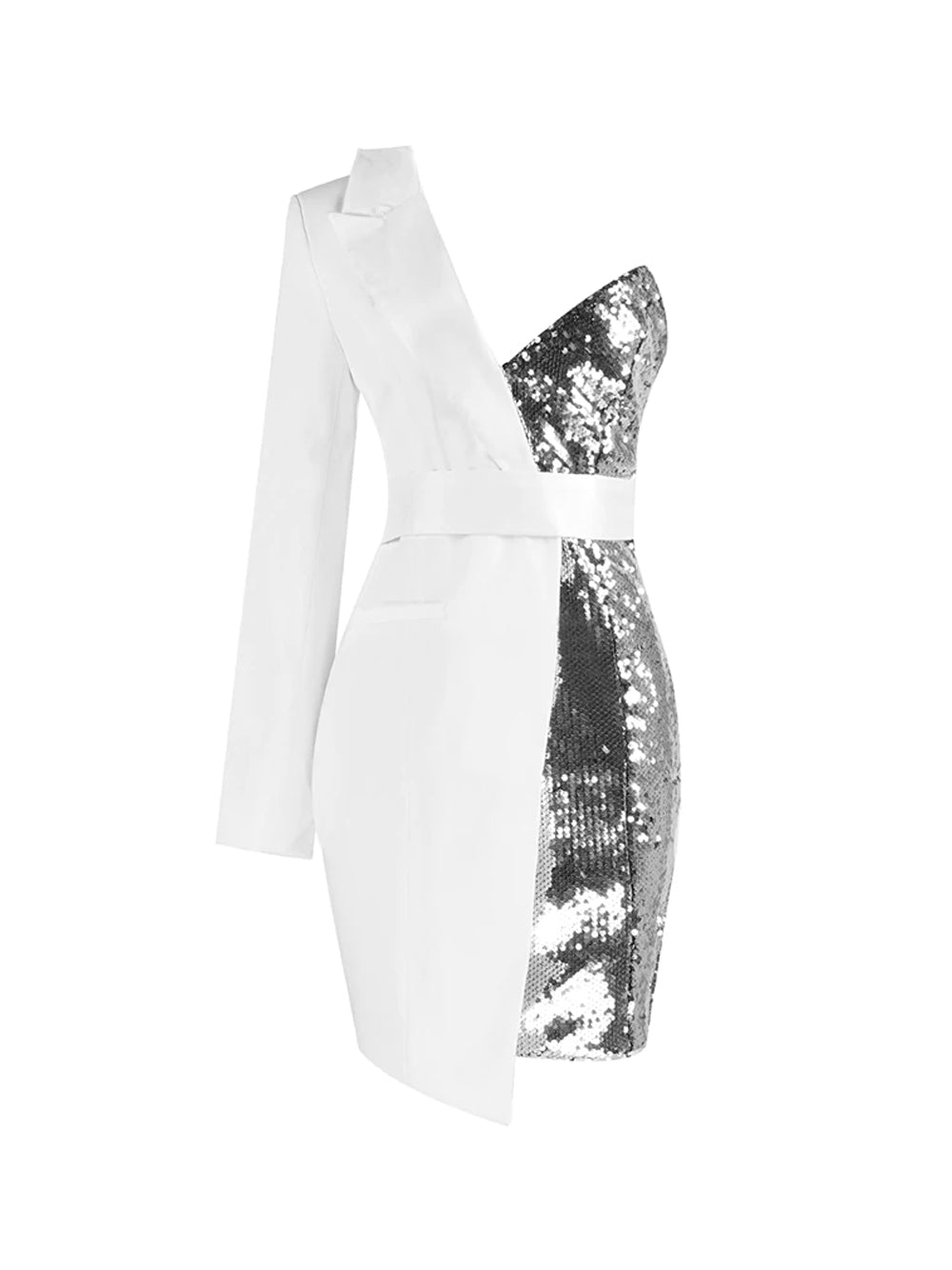 White One-Shoulder Sequin Panel Asymmetric Blazer Bodycon Mini Dress