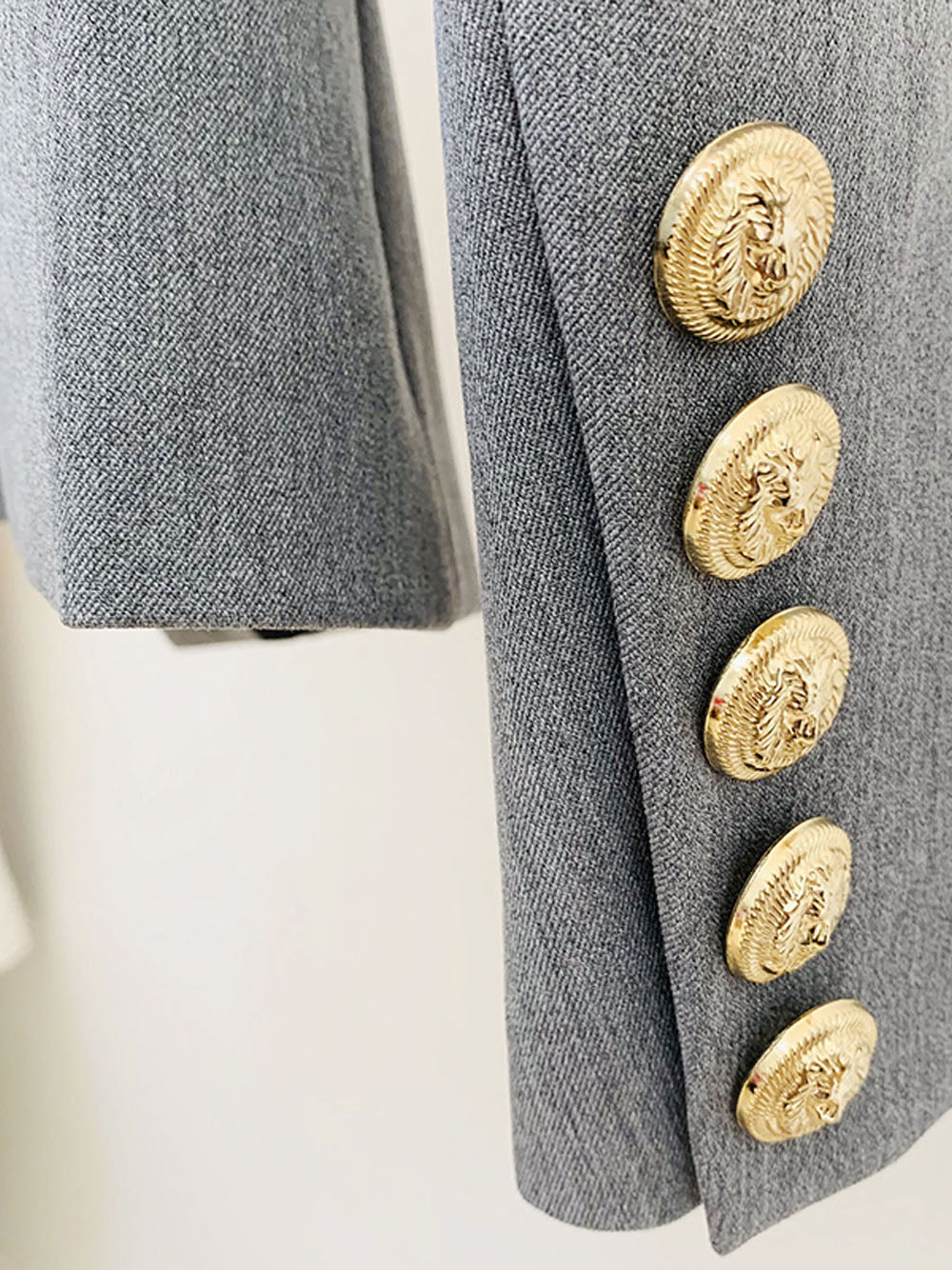 Gray Peak Lapel Gold Button Double Breasted Fitted Blazer