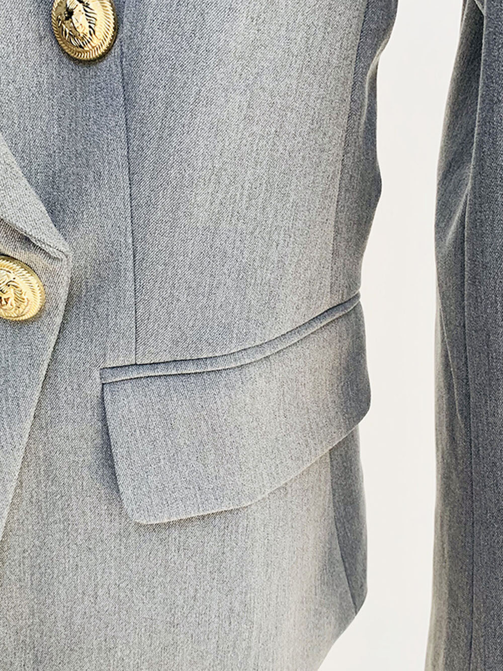 Gray Peak Lapel Gold Button Double Breasted Fitted Blazer
