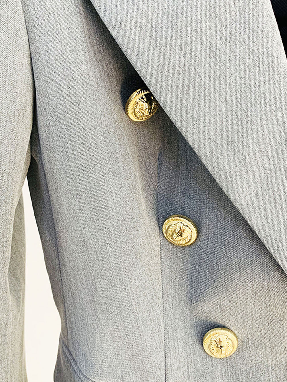 Gray Peak Lapel Gold Button Double Breasted Tailored Blazer