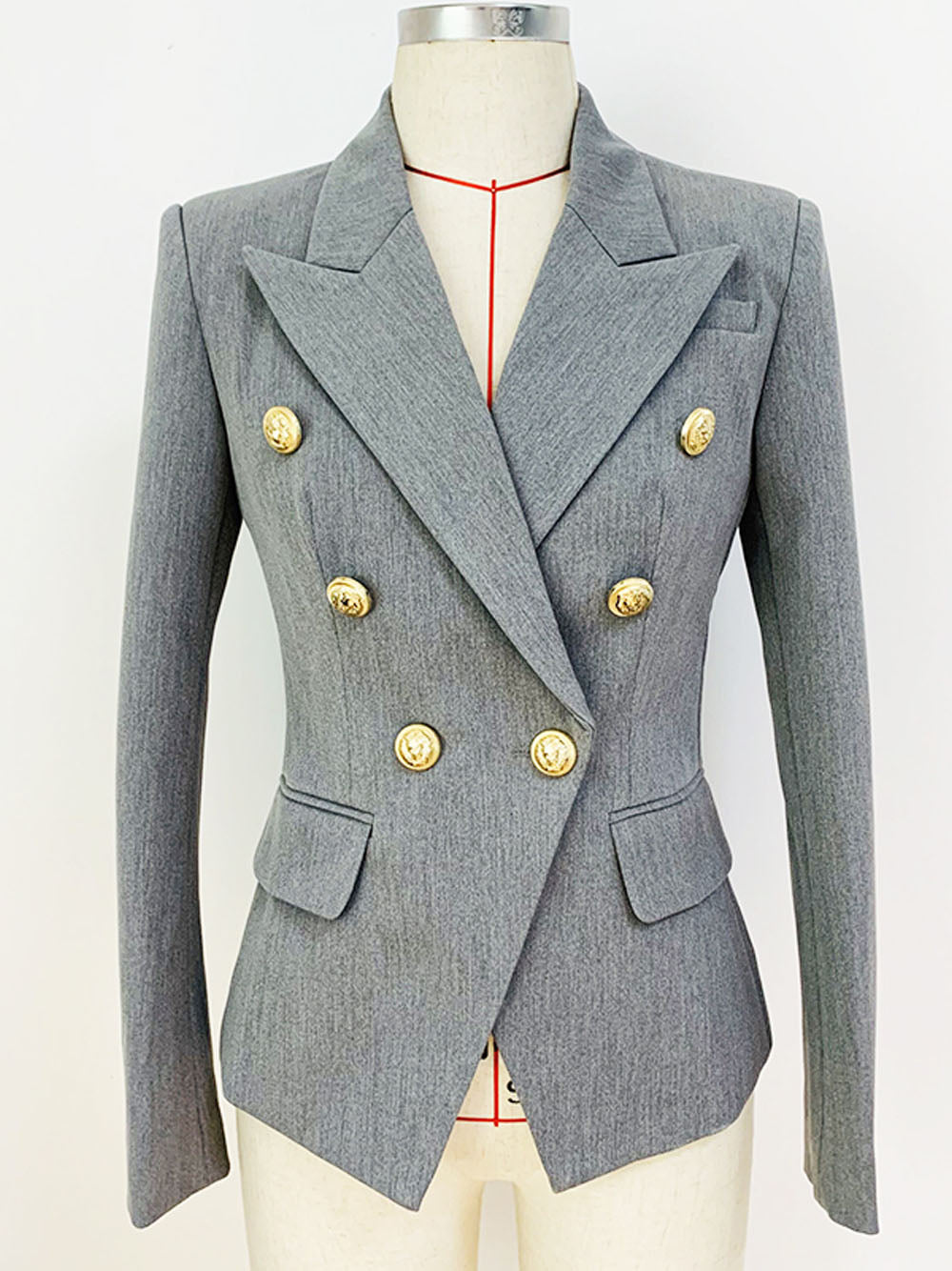Gray Peak Lapel Gold Button Double Breasted Tailored Blazer