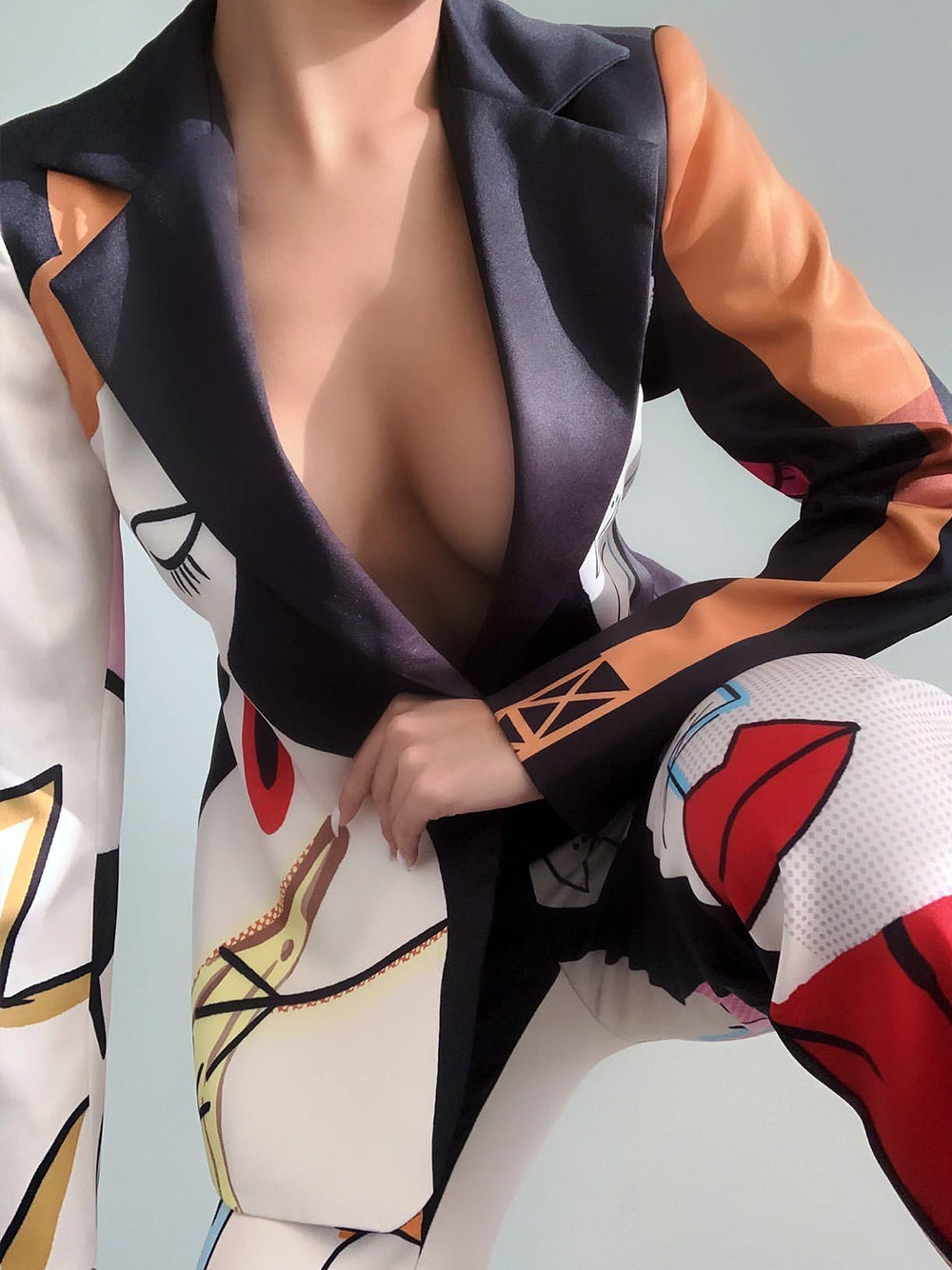 Abstract Face Print Single-Breasted Blazer and Pants Set