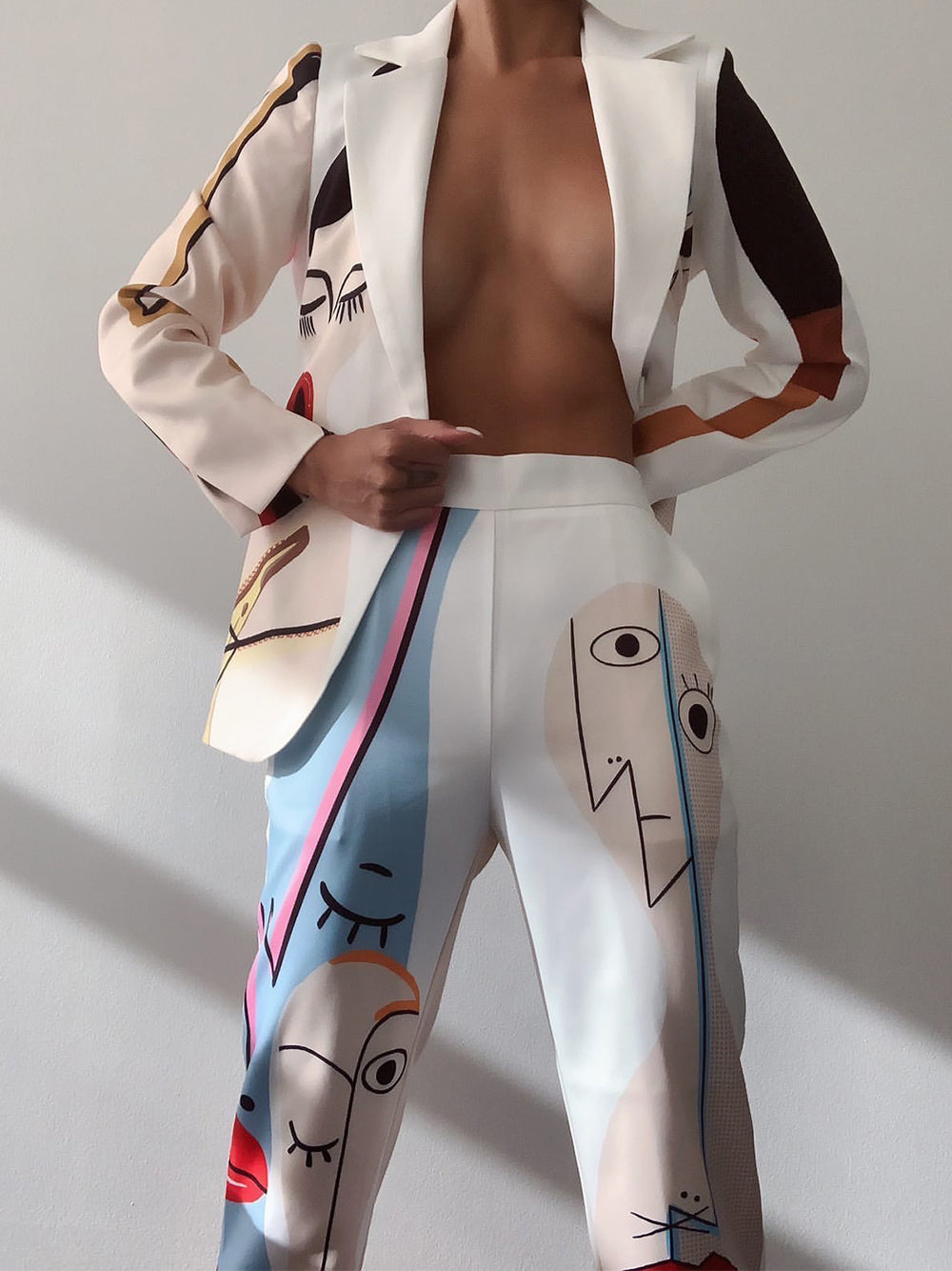Notched Lapel Abstract Face Print Blazer Pants Set