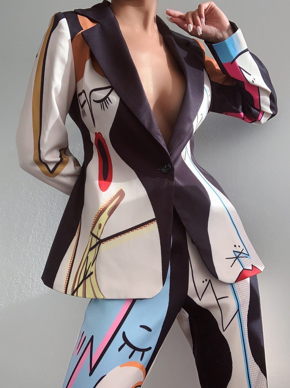 Notched Lapel Abstract Face Print Blazer Pants Set