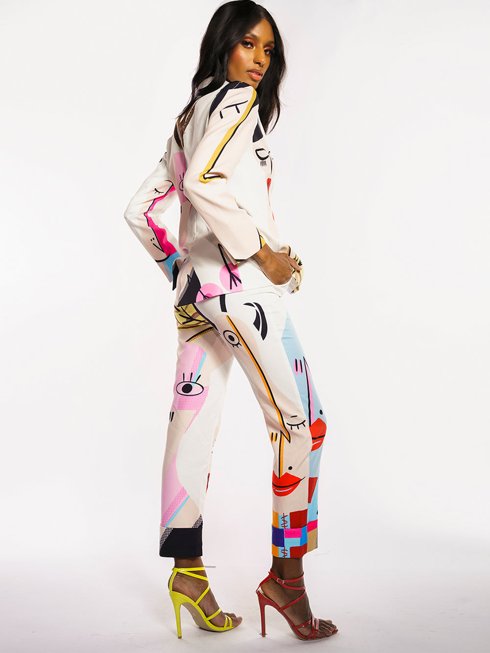 Colorblock Abstract Face Print Notch Lapel Blazer Pants Set 22