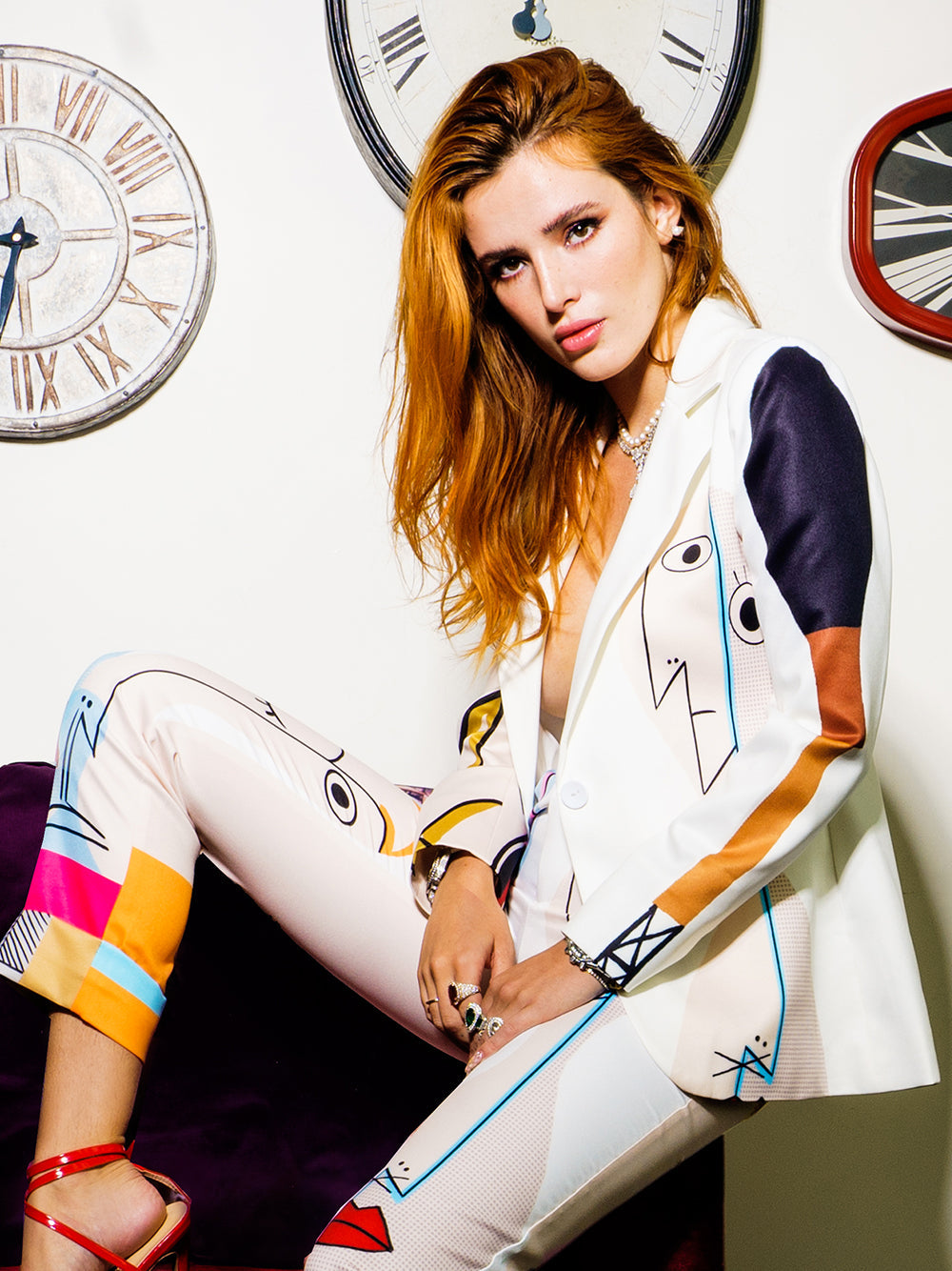 Notched Lapel Abstract Face Print Blazer Pants Set