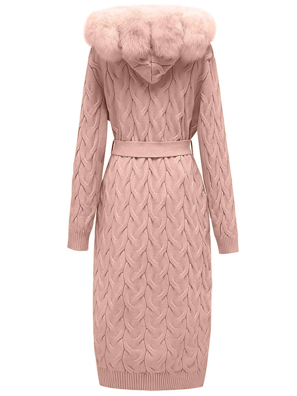 Fur Trim Belted Cable Knit Longline Cardigan 23