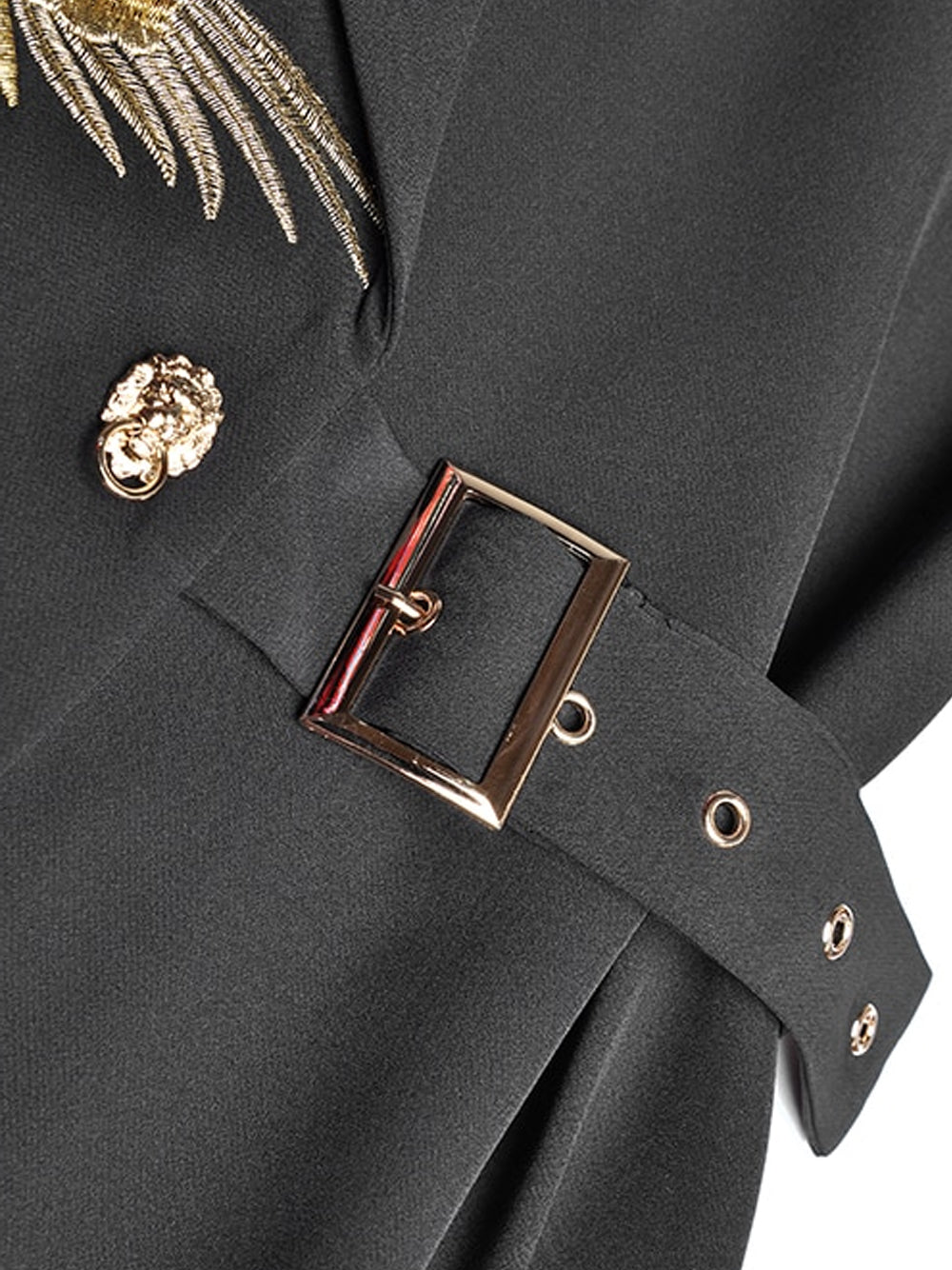 Black Stand Collar Long Sleeve Phoenix Embroidery Belted Asymmetrical Midi Dress 6