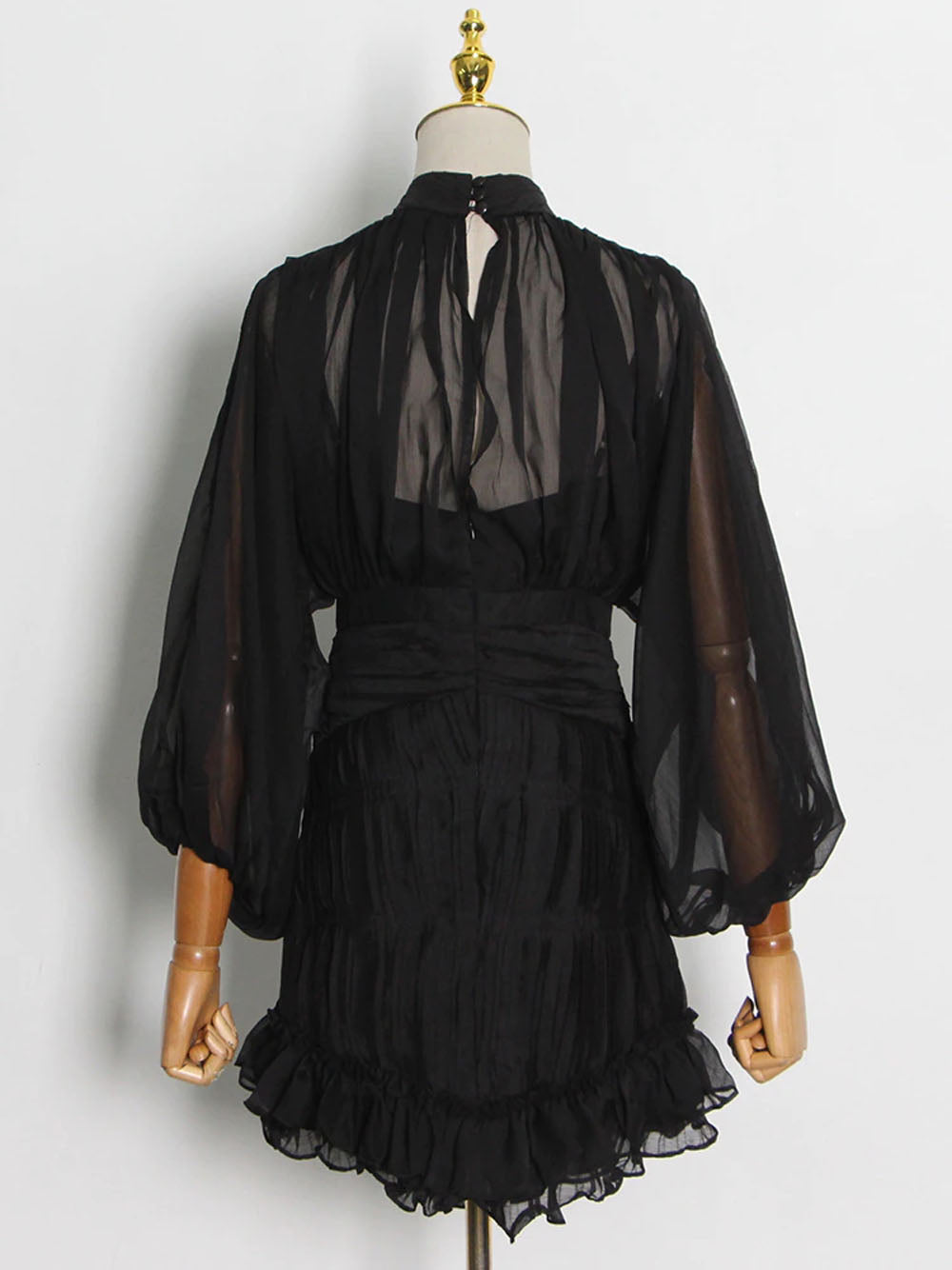 Black Mock Neck Sheer Chiffon Balloon Sleeve Ruched Ruffle Hem Mini Dress