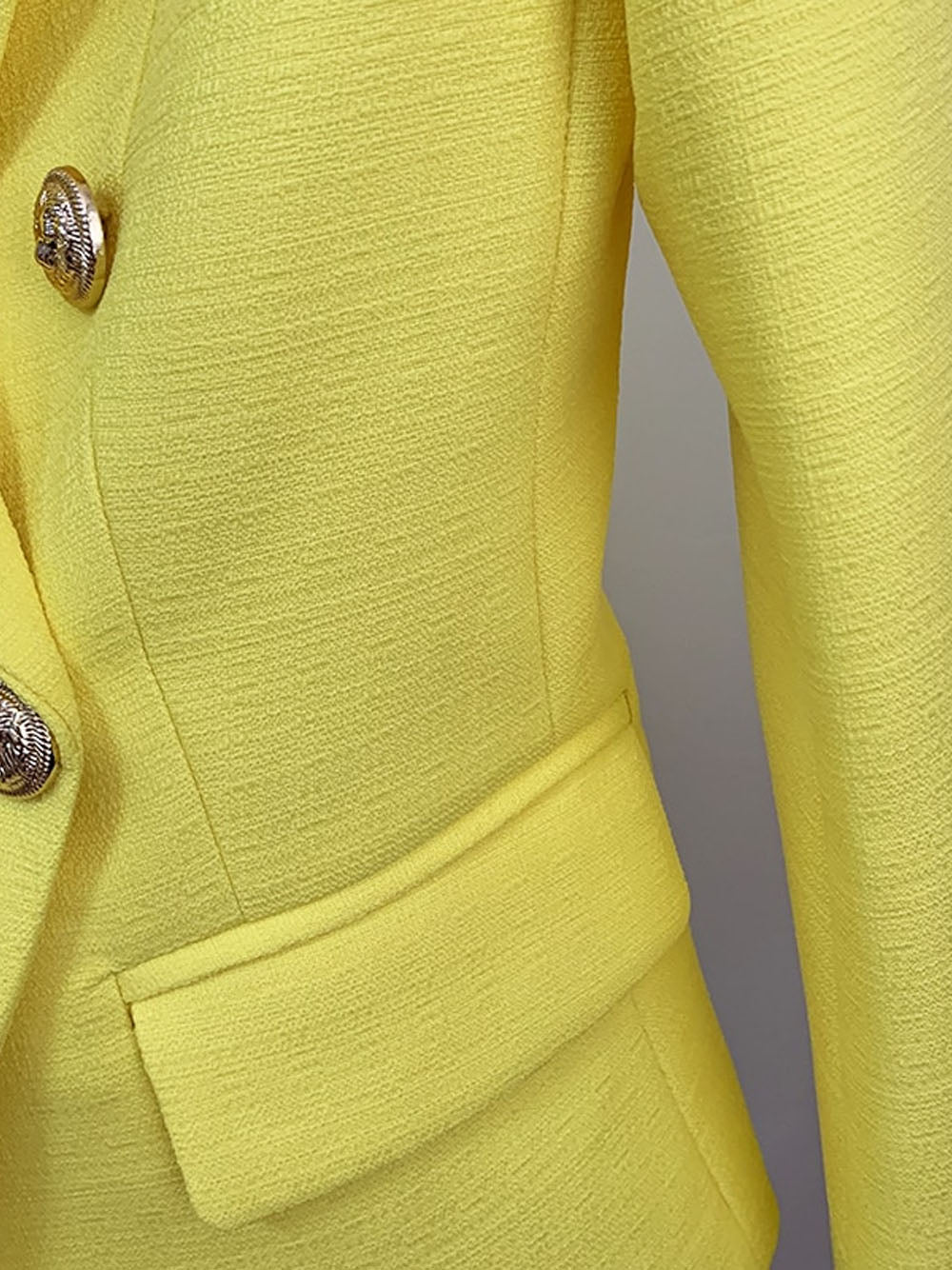 Yellow Peak Lapel Double Breasted Gold Button Textured Blazer