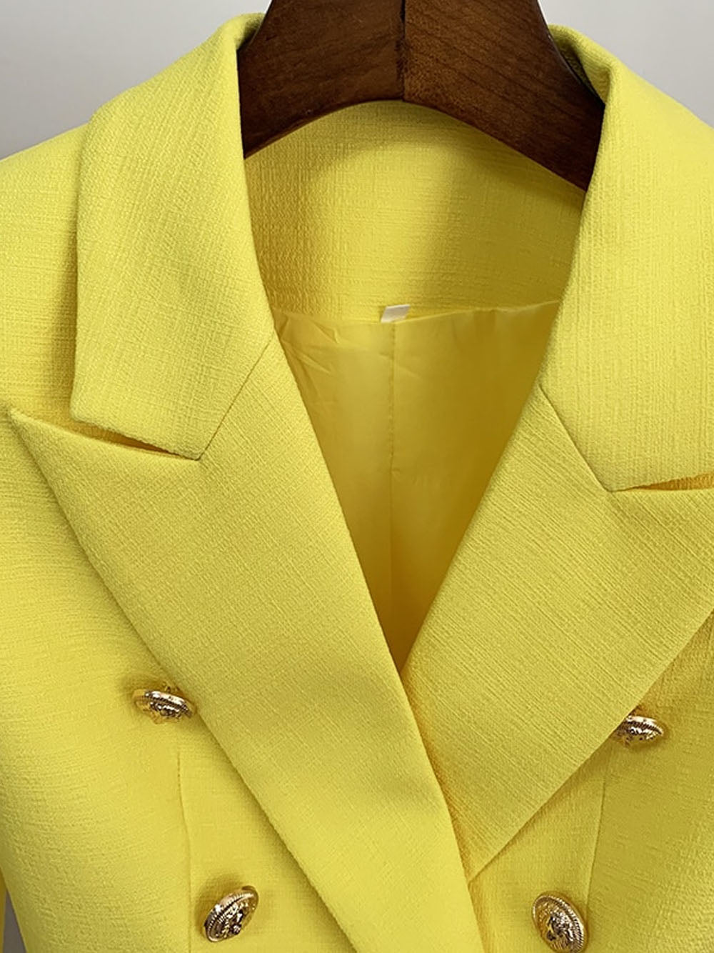 Yellow Peak Lapel Double Breasted Gold Button Textured Blazer