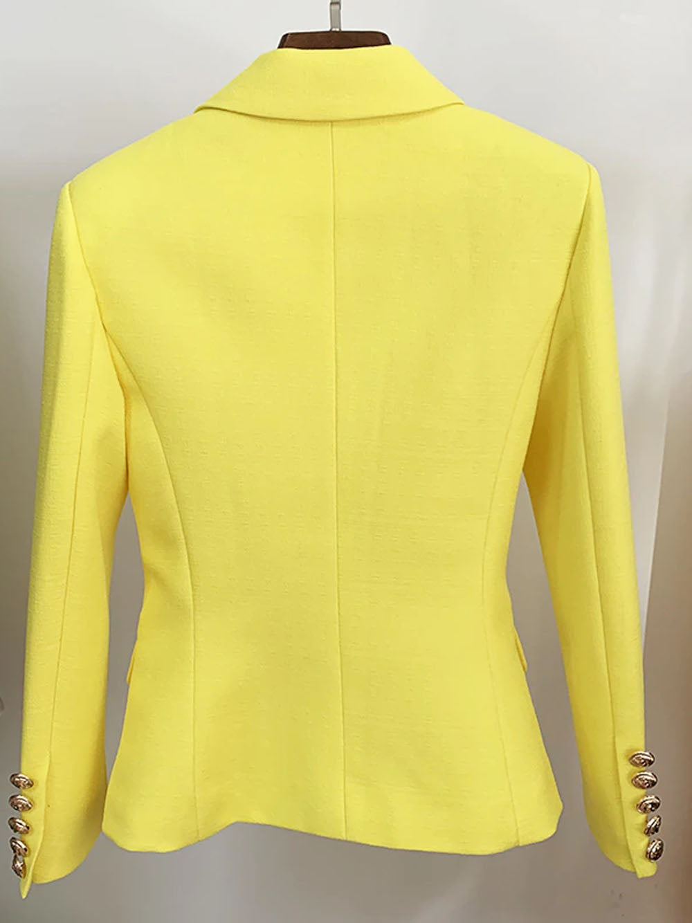 Yellow Peak Lapel Double Breasted Gold Button Textured Blazer