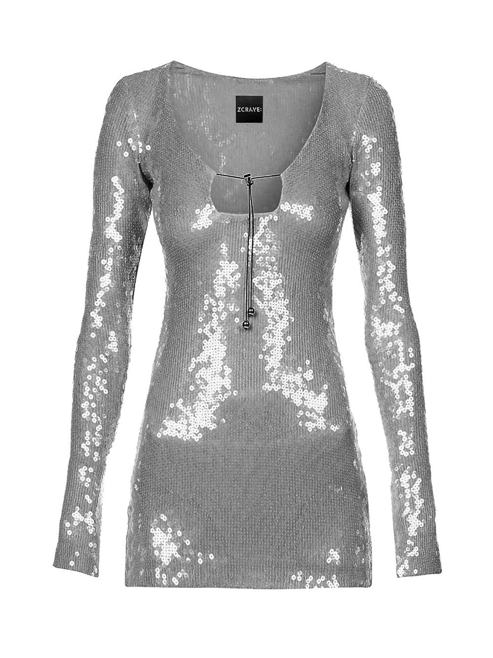 Silver Plunge Neck Sequin Long Sleeve Bodycon Mini Dress
