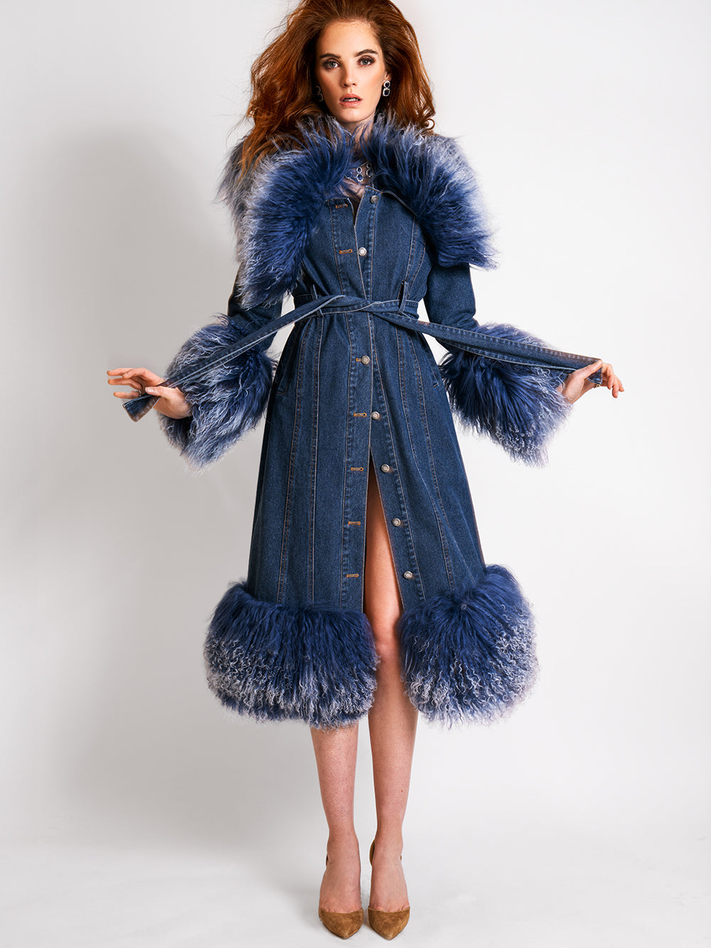 Denim Shaggy Fur Collar Cuff Hem Belted Button-Up Denim Coat