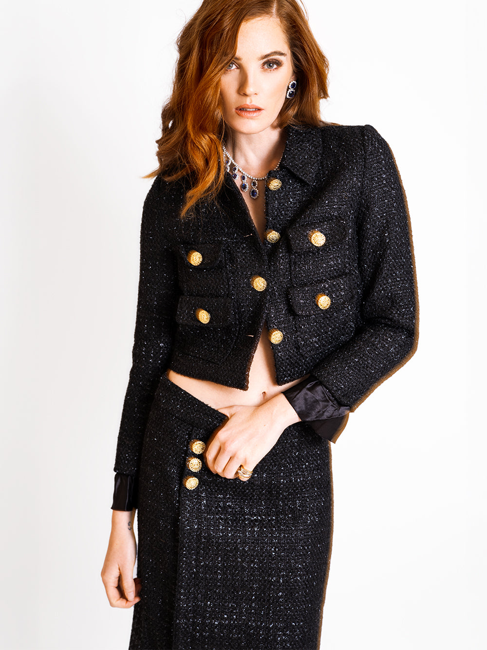 Black Gold Button Tweed Cropped Jacket and Fringe Skirt Set