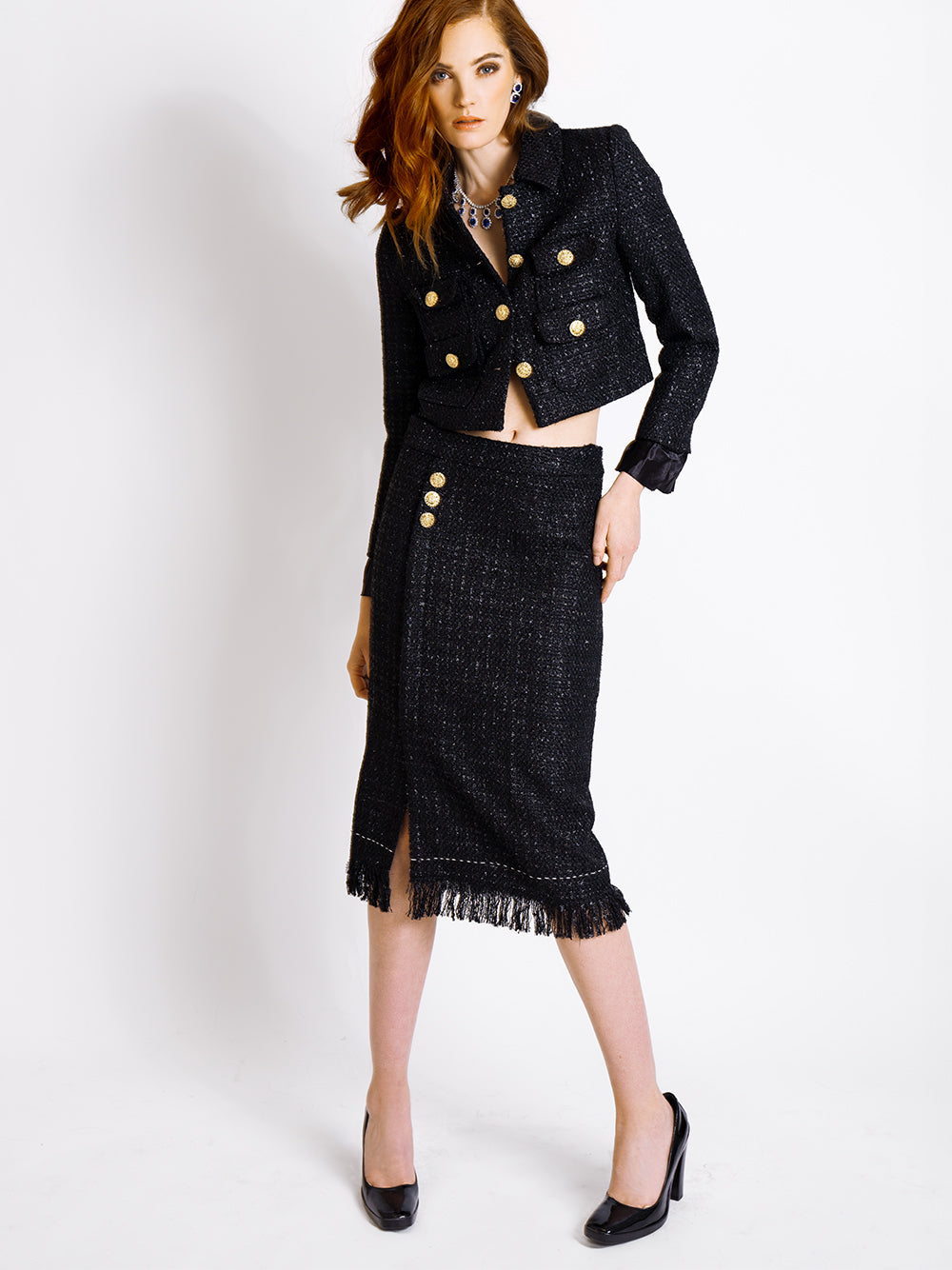 Black Gold Button Tweed Cropped Jacket and Fringe Skirt Set