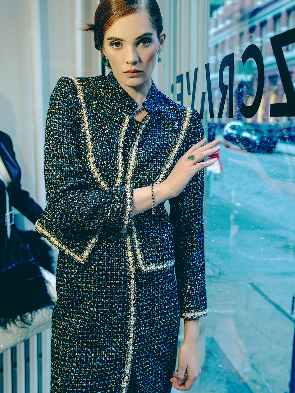 Multicolor Contrast Trim Tweed Cropped Jacket And Skirt Set 2