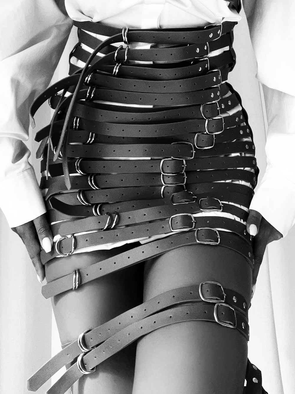 Black Multi Buckle Belt Strap Caged Mini Skirt