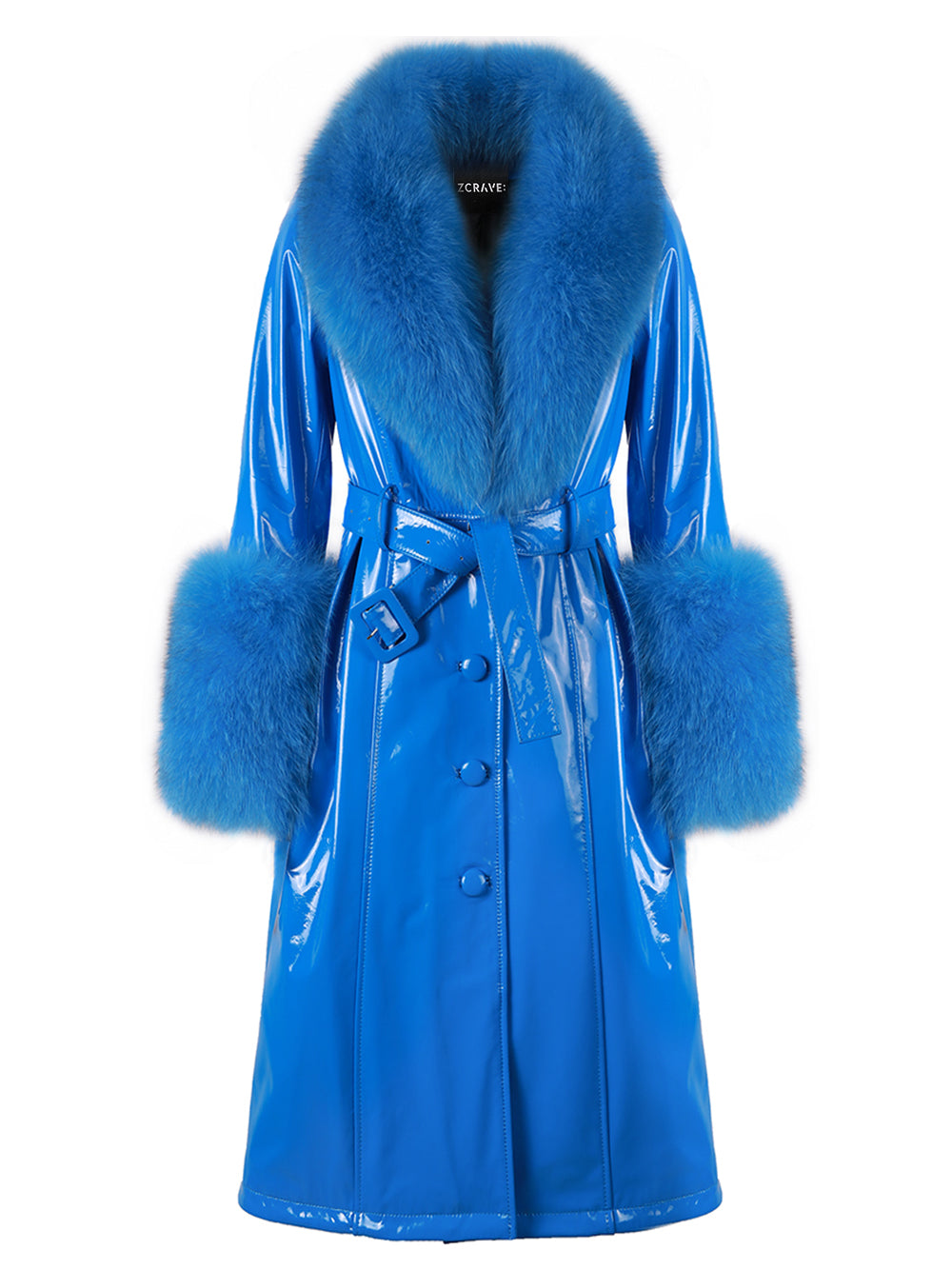 Blue Fox Fur Collar Cuff Belted Patent Leather Coat 11