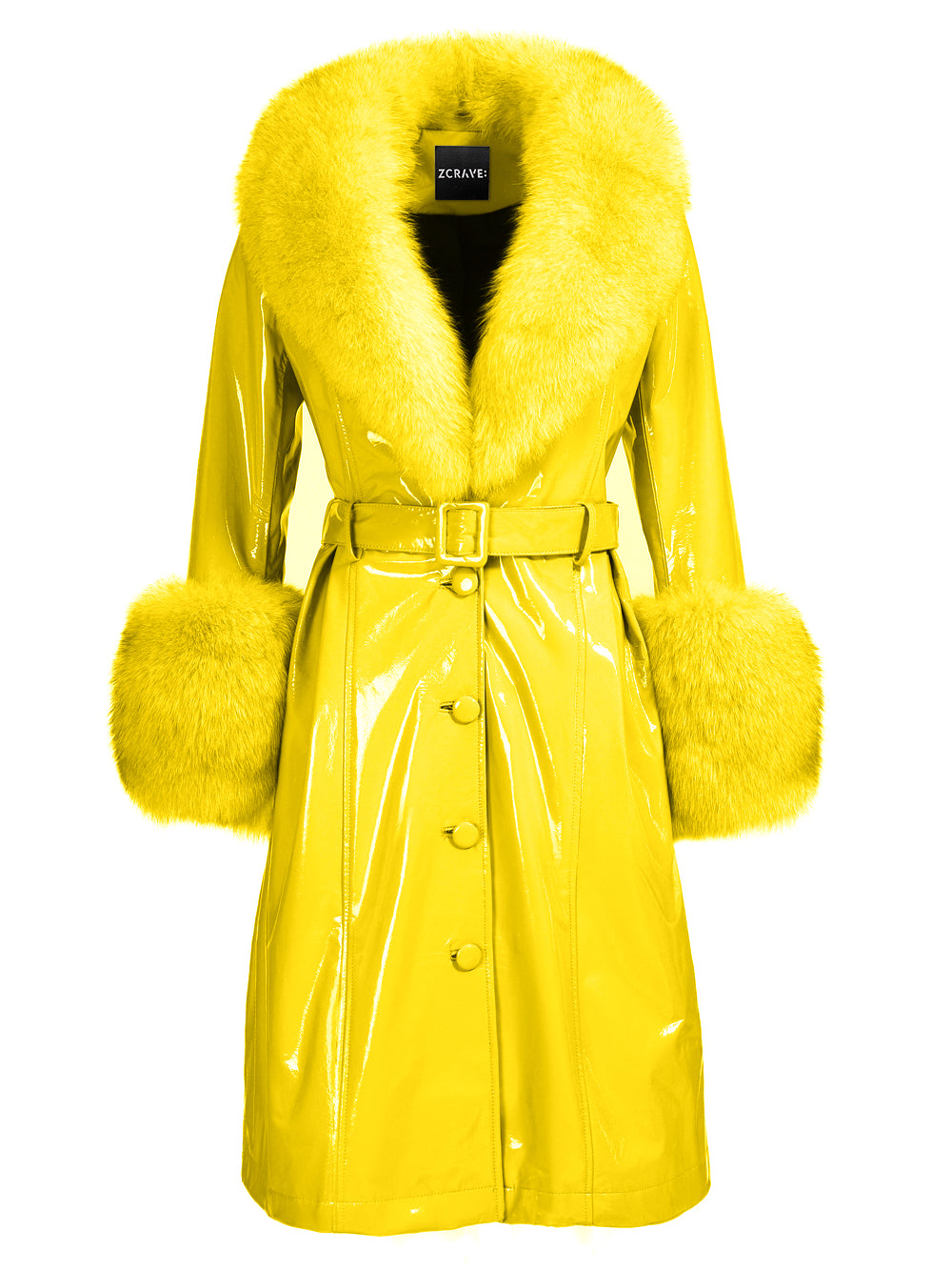Yellow Fur Collar Patent Leather Belted Button Front Long Coat 9