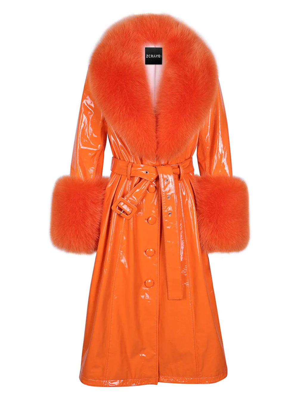 Orange Fur Collar Fur Cuff Belted Patent Leather Trench Coat 25