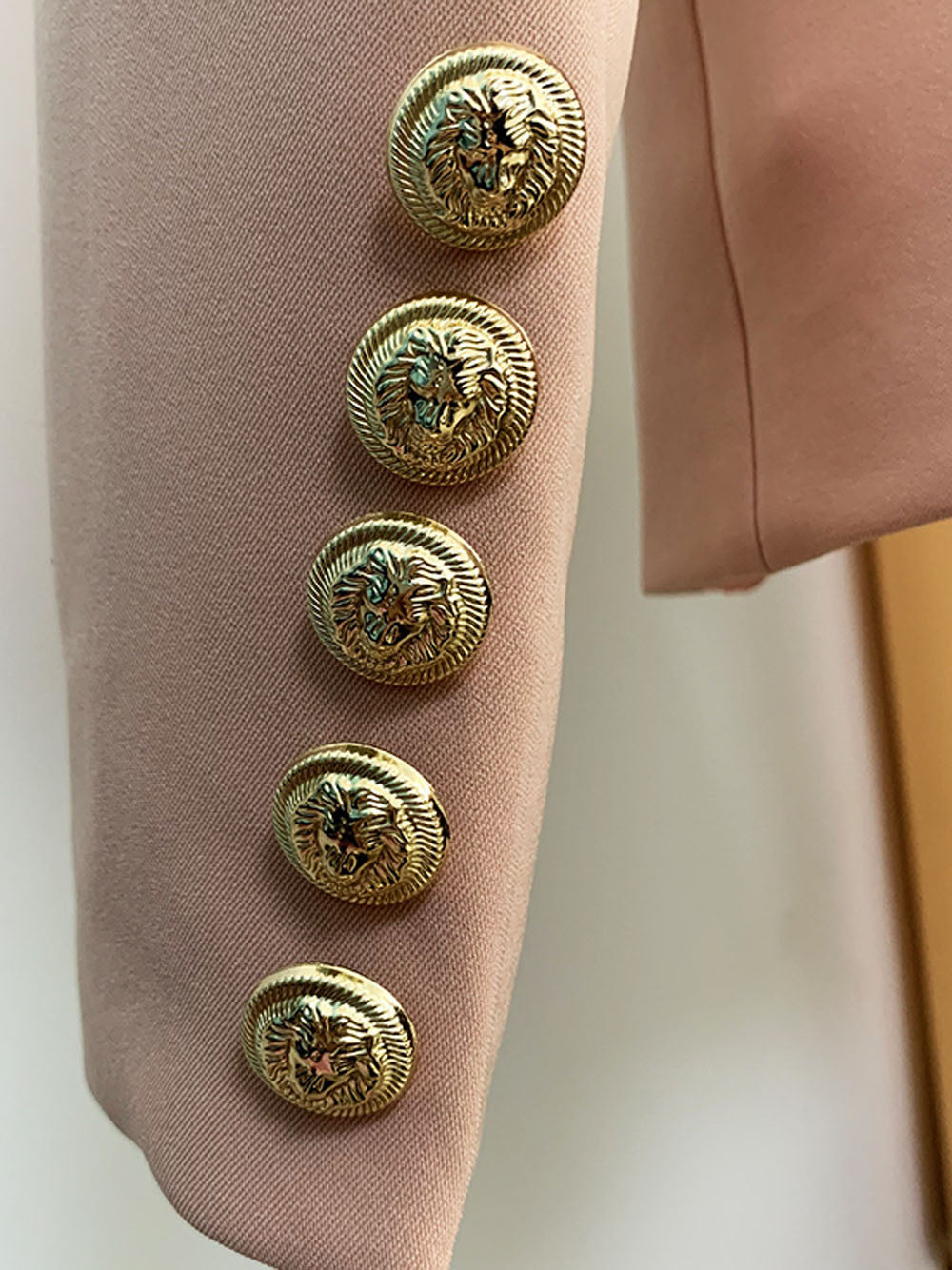 Beige Peak Lapel Gold Button Double Breasted Slim Blazer 11