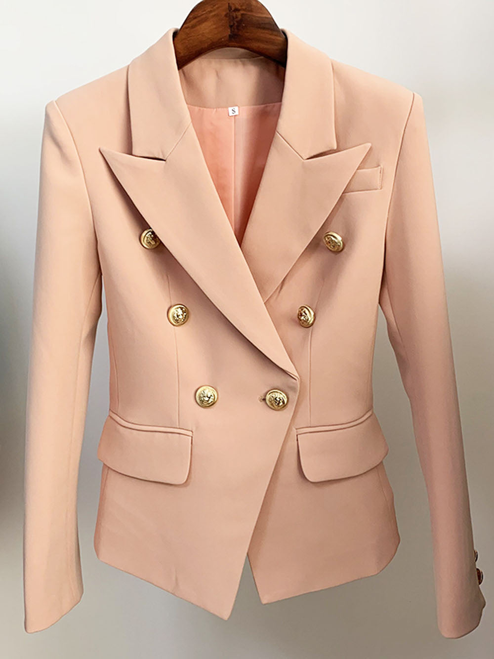 Beige Peak Lapel Gold Button Double Breasted Slim Blazer 5