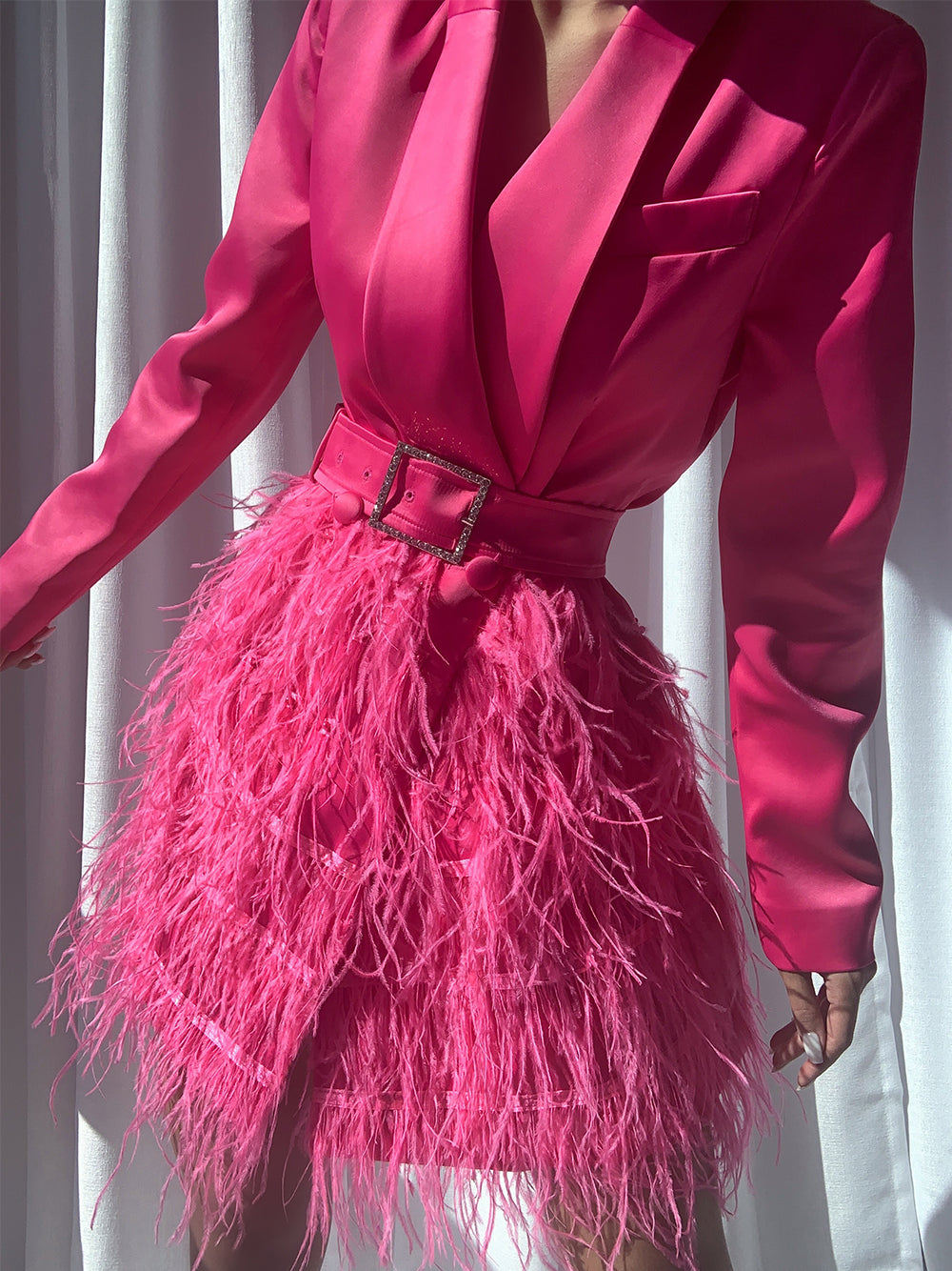 Fuchsia Shawl Lapel Long Sleeve Belted Feather Skirt Blazer Mini Dress 4