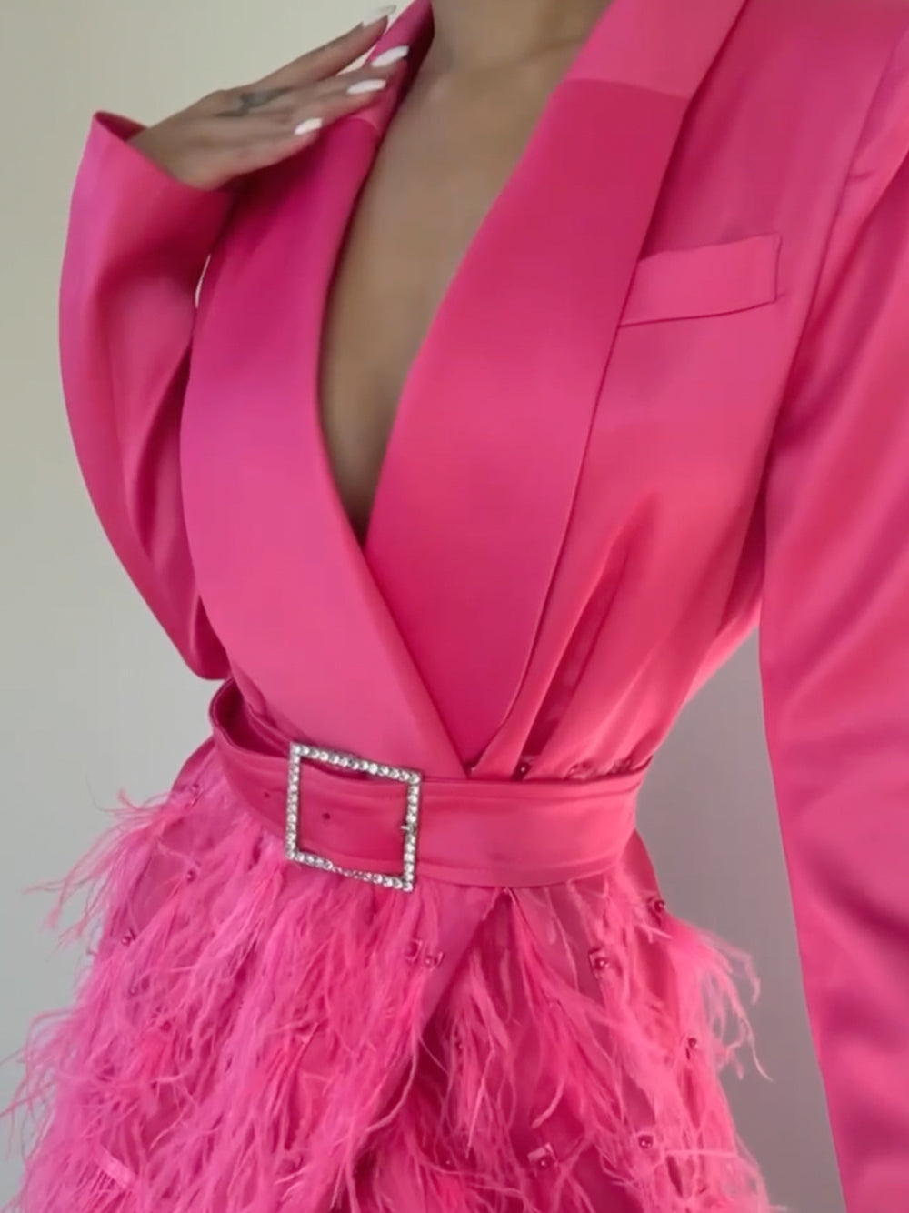 Fuchsia Shawl Lapel Long Sleeve Belted Feather Skirt Blazer Mini Dress 5