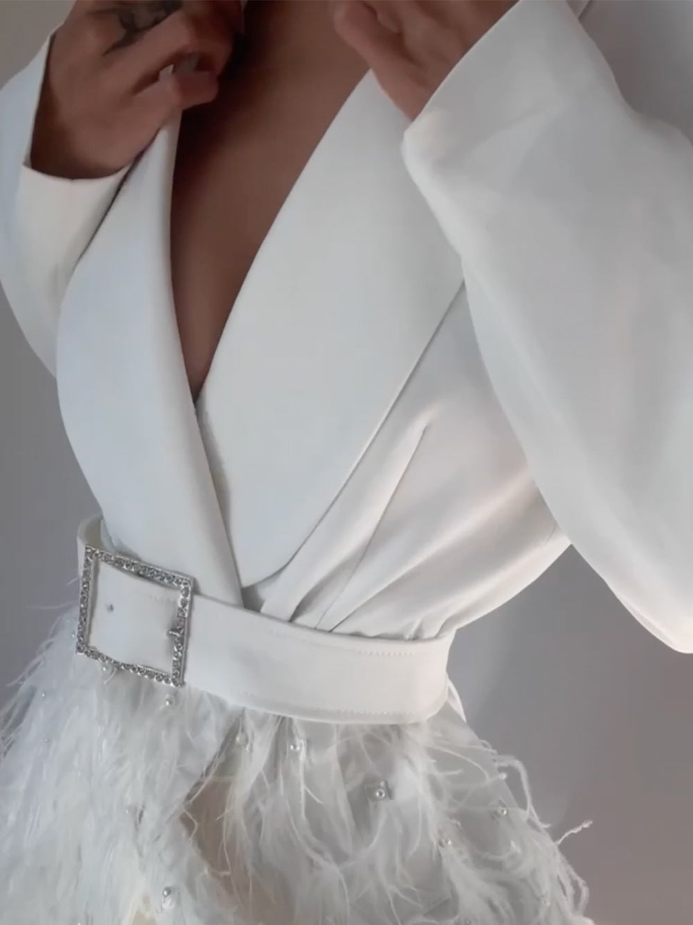 White Shawl Lapel Long Sleeve Belted Feather Skirt Blazer Mini Dress