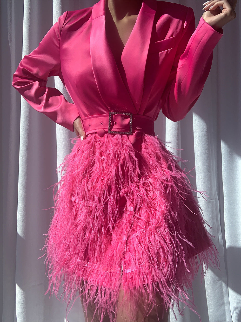Fuchsia Shawl Lapel Long Sleeve Belted Feather Skirt Blazer Mini Dress 6