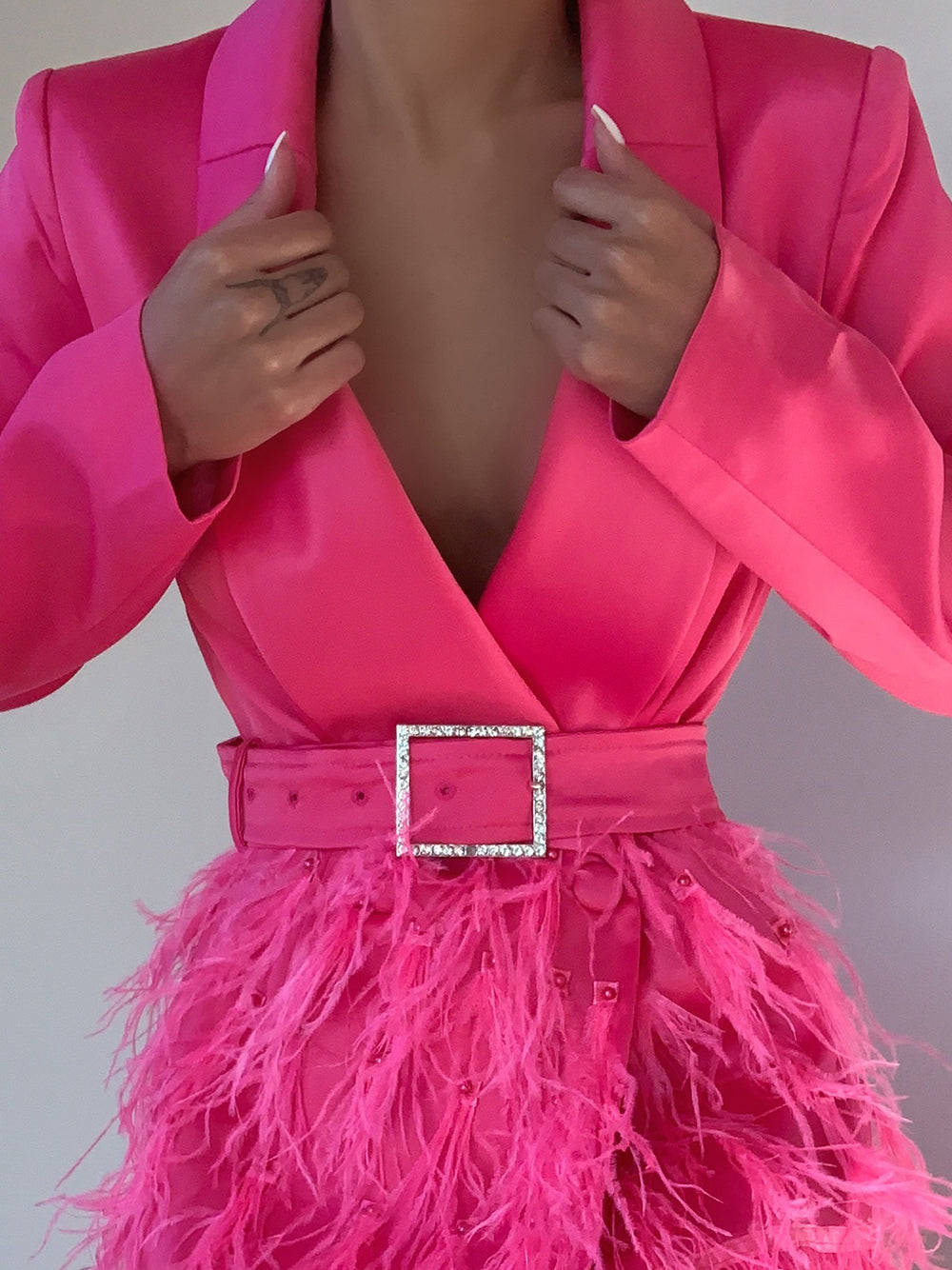 Fuchsia Shawl Lapel Long Sleeve Belted Feather Skirt Blazer Mini Dress 7