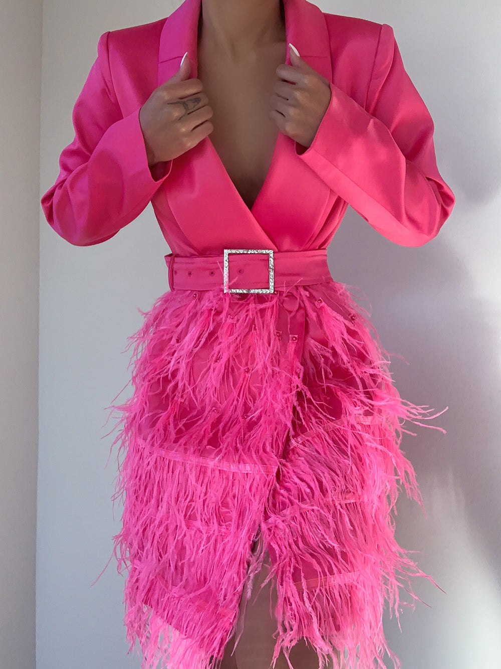 Fuchsia Shawl Lapel Long Sleeve Belted Feather Skirt Blazer Mini Dress 3