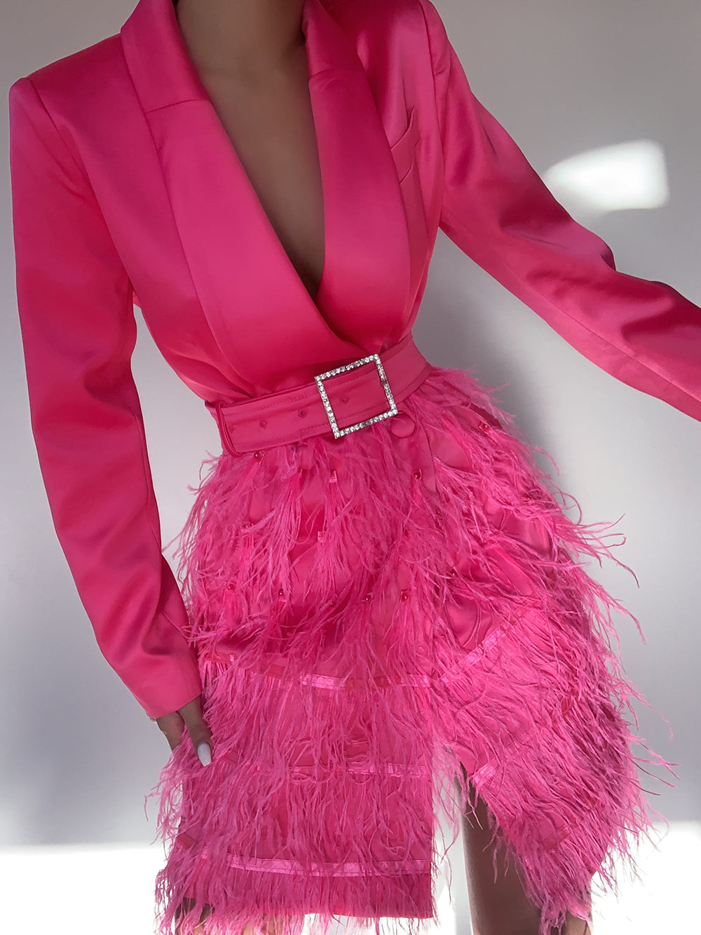 Fuchsia Shawl Lapel Long Sleeve Belted Feather Skirt Blazer Mini Dress