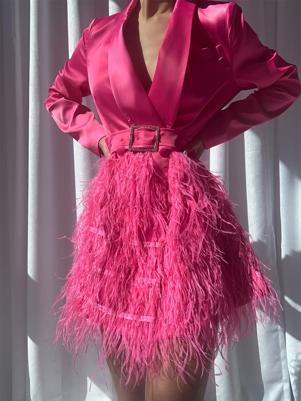 Fuchsia Shawl Lapel Long Sleeve Belted Feather Skirt Blazer Mini Dress 8