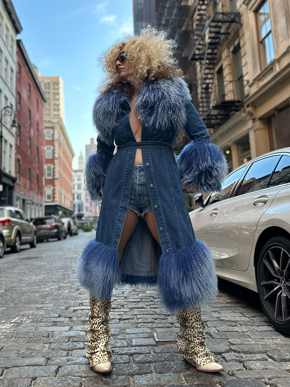 Denim Denim Shaggy Shearling Fur Collar Coat 18