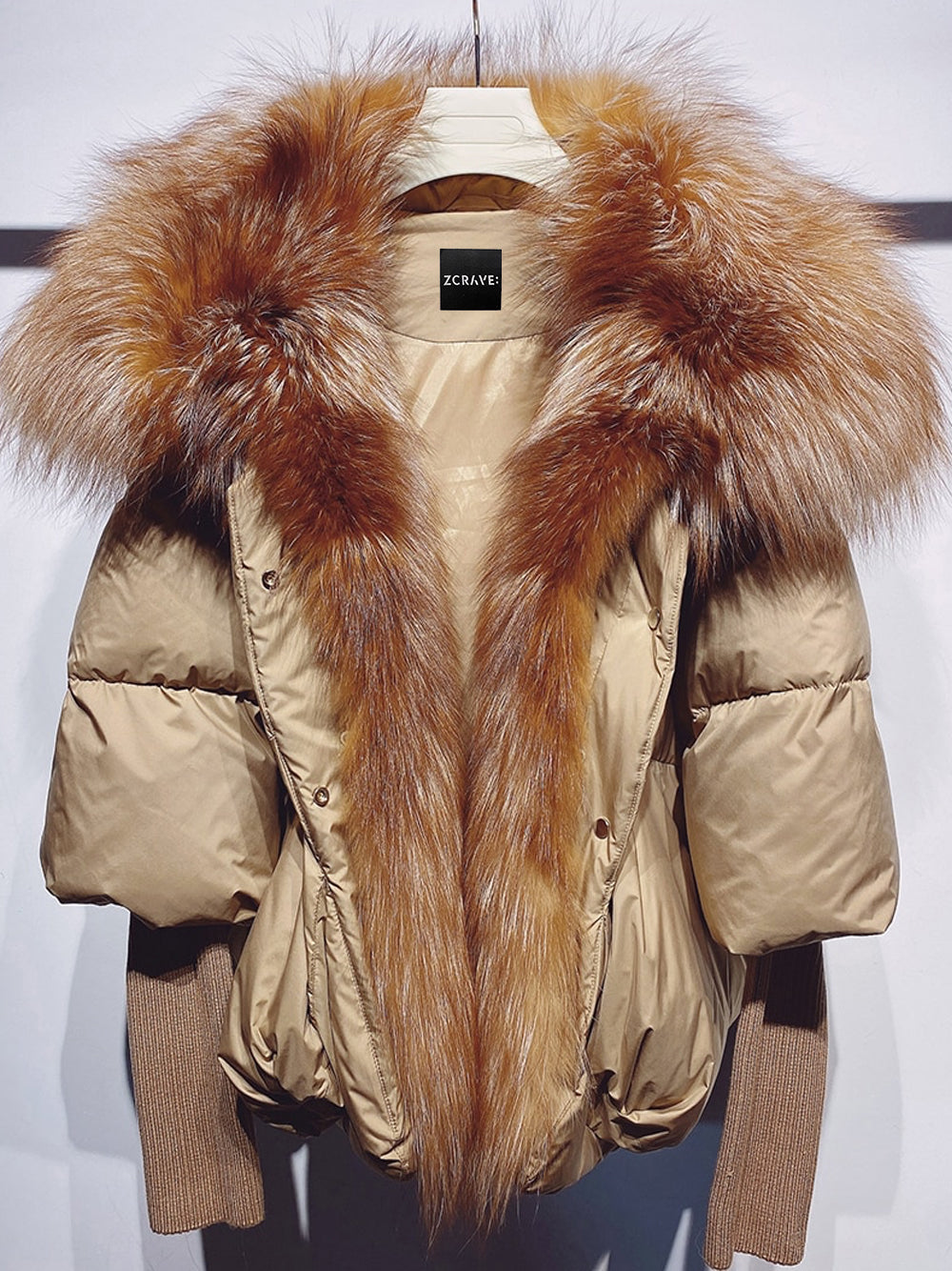 Tan Fur Shawl Collar Ribbed Knit Cuff Puffer Jacket