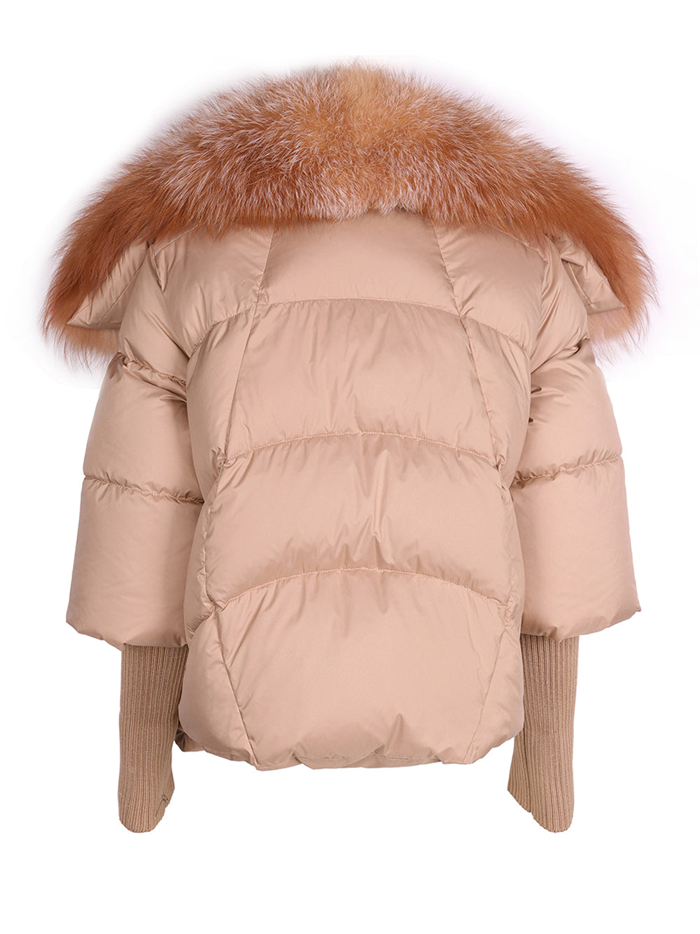 Tan Fur Shawl Collar Ribbed Knit Cuff Puffer Jacket